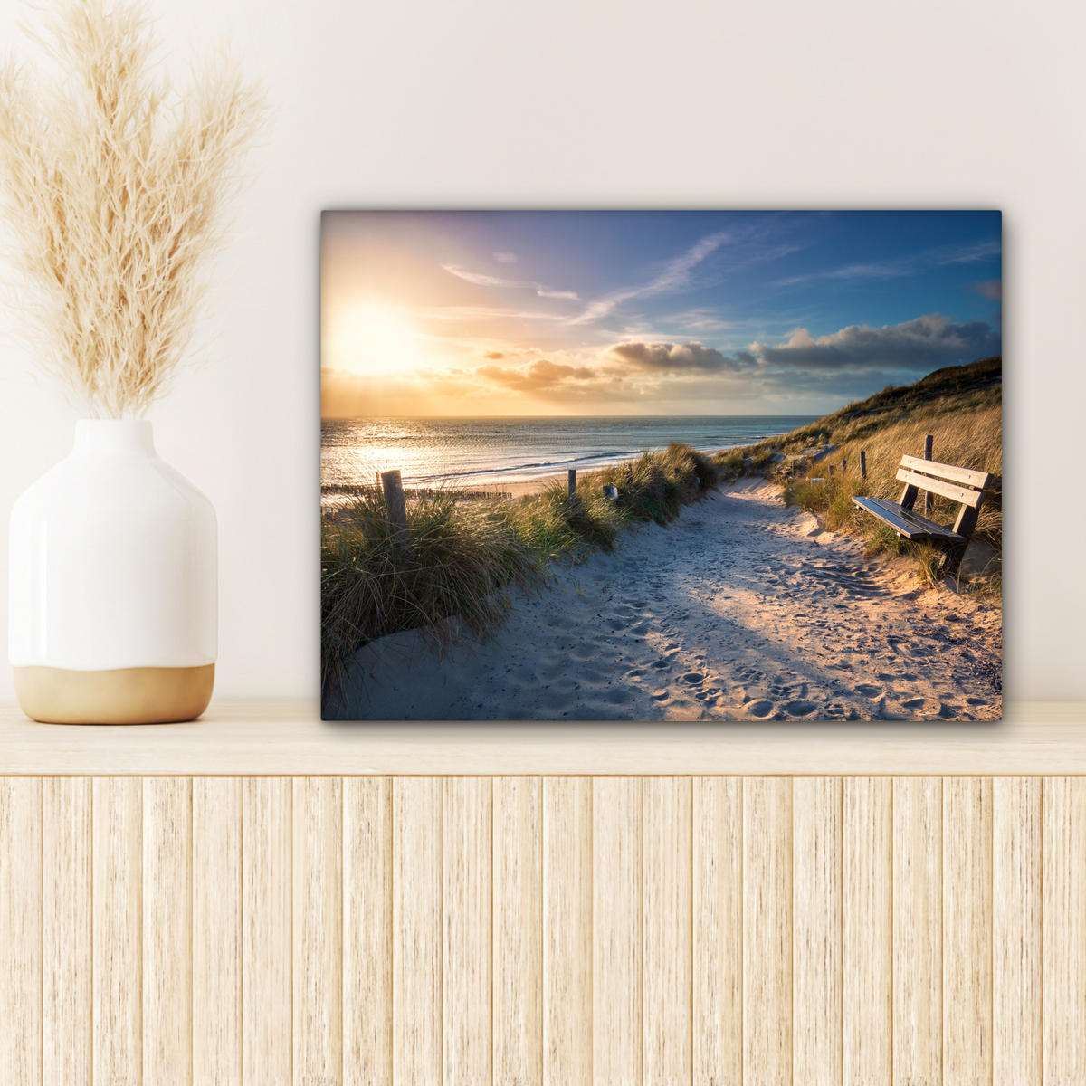 LEINWANDBILD - Sonnenuntergang - Strand - Düne - Gras - Ufer - 40x30 - Wanddeko - Sandfarben, Textil (40/30cm) - MuchoWow