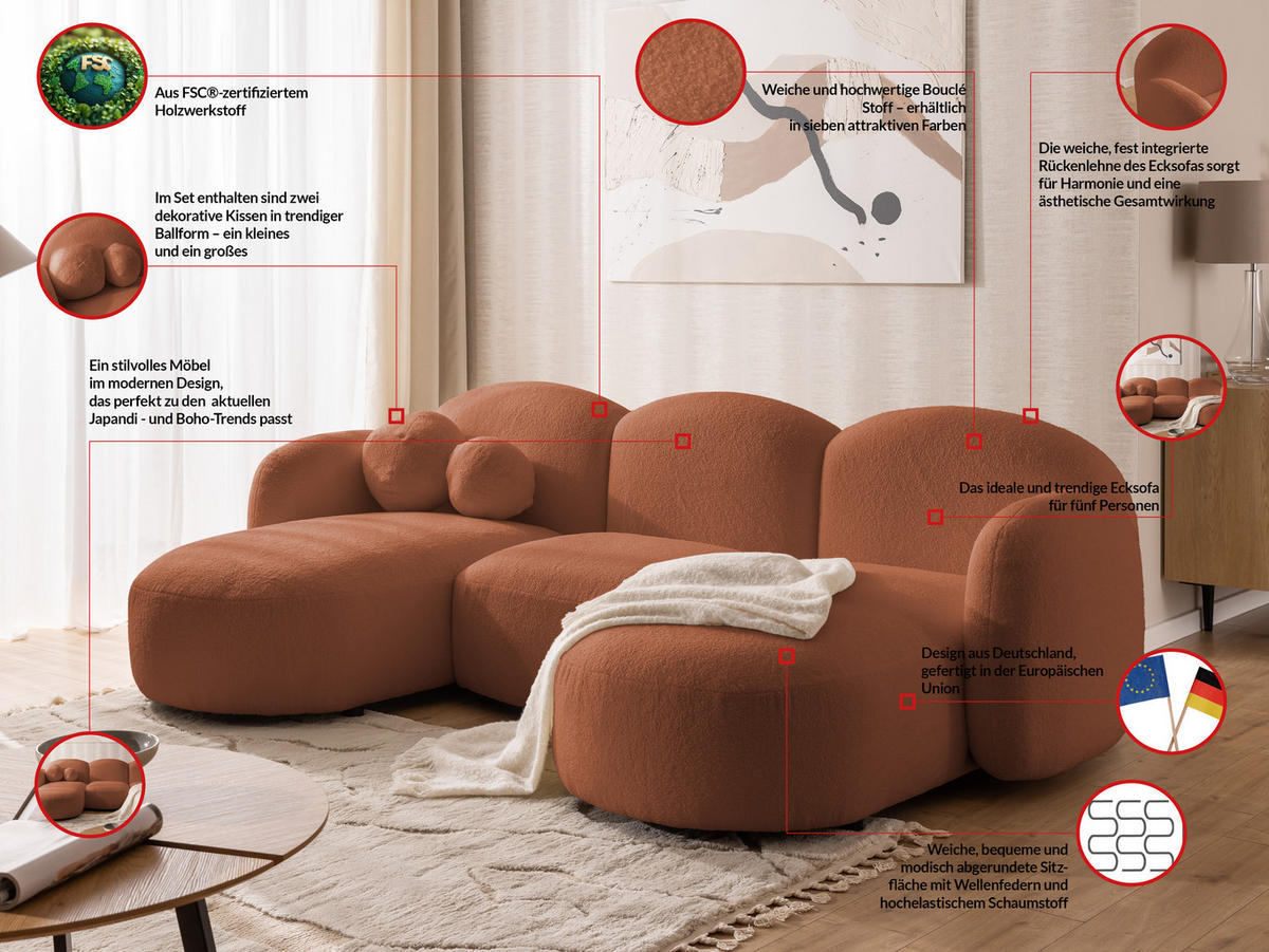WOHNLANDSCHAFT Nuvola mit abgerundetem Design Terrakotta Bouclé-Stoff - Terra cotta/Schwarz, Holz/Kunststoff (268/80/146cm) - S-Style Möbel