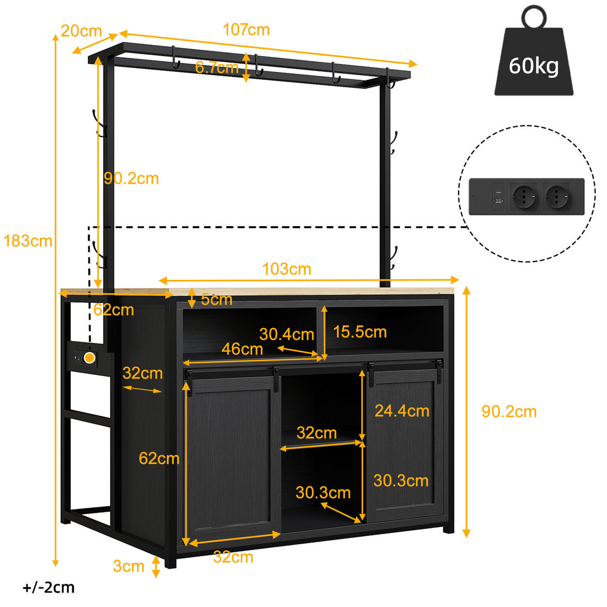 BUFFETSCHRANK Schwarz 107/62/183 cm - Schwarz, Holz (107/183/62cm) - PANGIVO