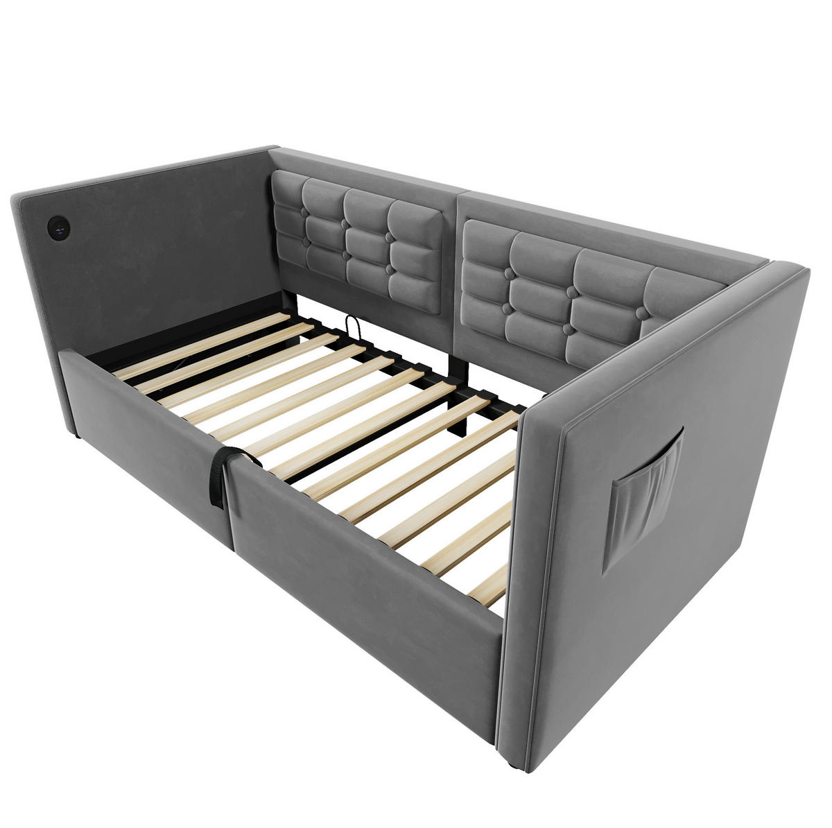 POLSTERBETT aus Samt 90x200 cm in Grau mit Stauraum & Ladestation - Grau, Textil (90/200cm) - Modfu
