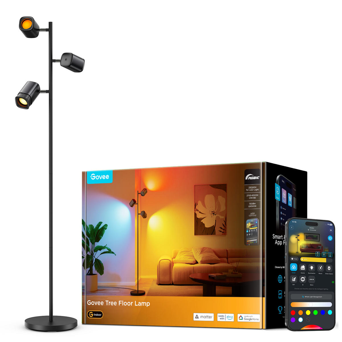 STEHLEUCHTE RGBWW Tree Floor Lamp, 3 Lampenköpfe, 157 cm - Schwarz, Metall (28/28/157cm) - Govee
