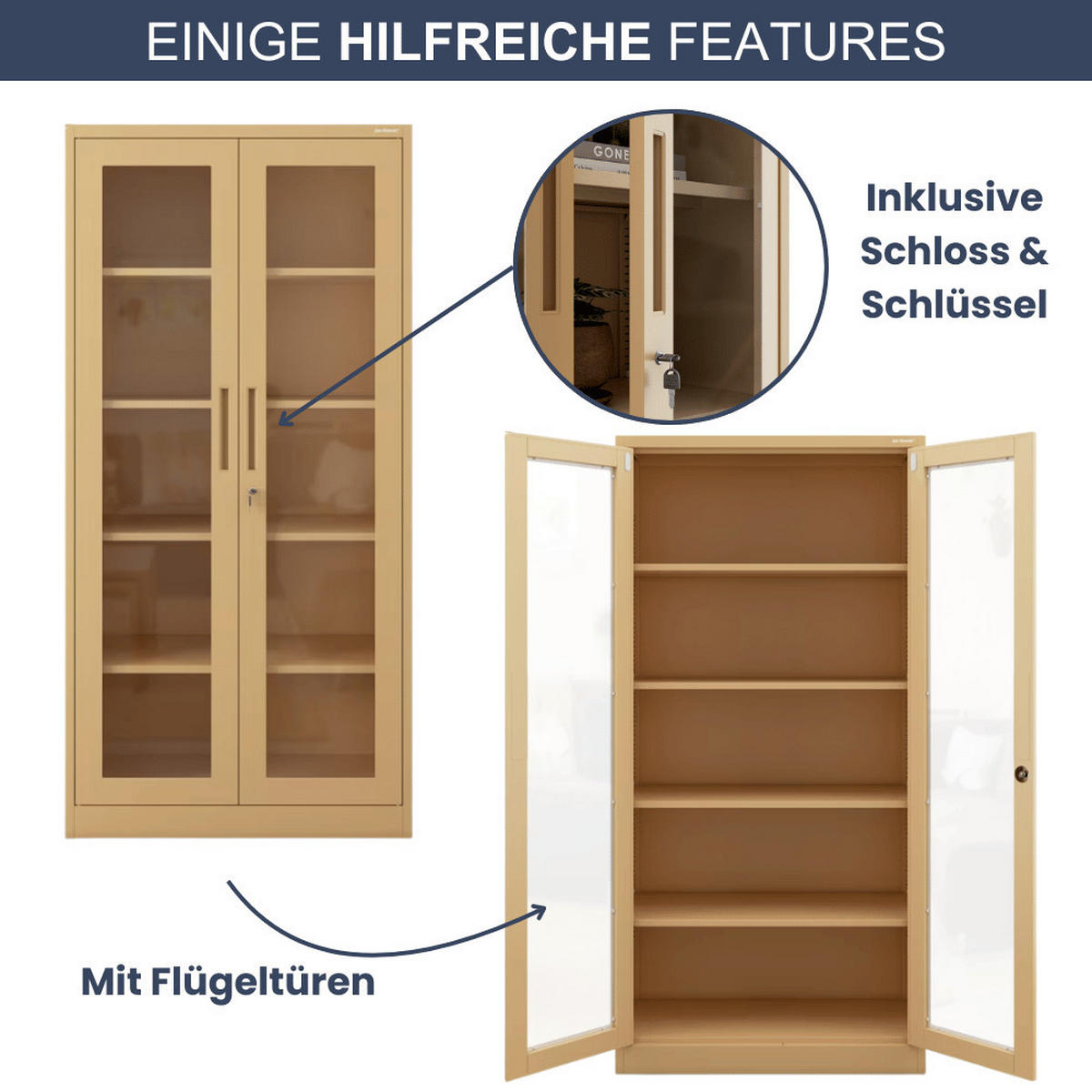 VITRINENSCHRANK abschließbar ELLO mit Glastüren 185x90x40cm Beige - Beige, Metall (90/185/40cm) - DELUKE