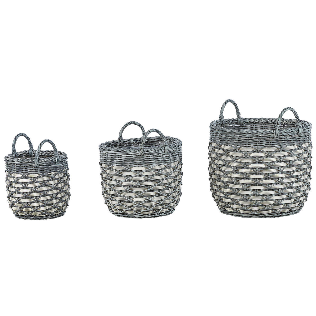 BLUMENKORB 3er-Set Rattan grau/weiß rund 49-37/39-30/31-24 cm Gefira - Weiß/Grau, Kunststoff (50cm) - Beliani
