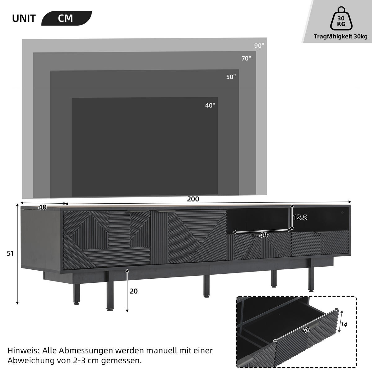 TV-ELEMENT mit Stauraum 200 x 40 x 51 cm Schwarz - Schwarz, Holzwerkstoff (40/51/200cm) - Beauniv