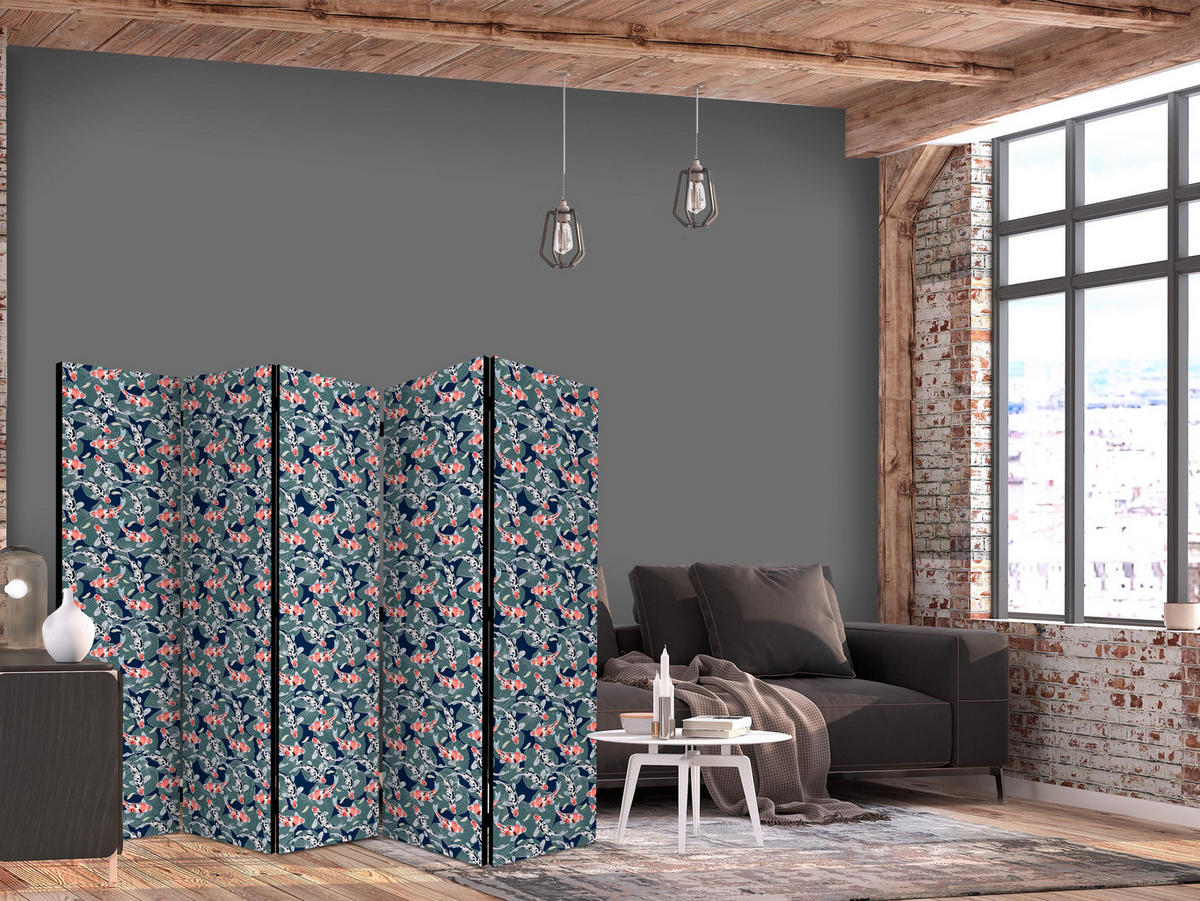 PARAVENT Einseitig Bedruckter 5-tlg 225x172 cm Kois und Blätter - Grün, Holz/Textil (225/172/3cm) - Muralo