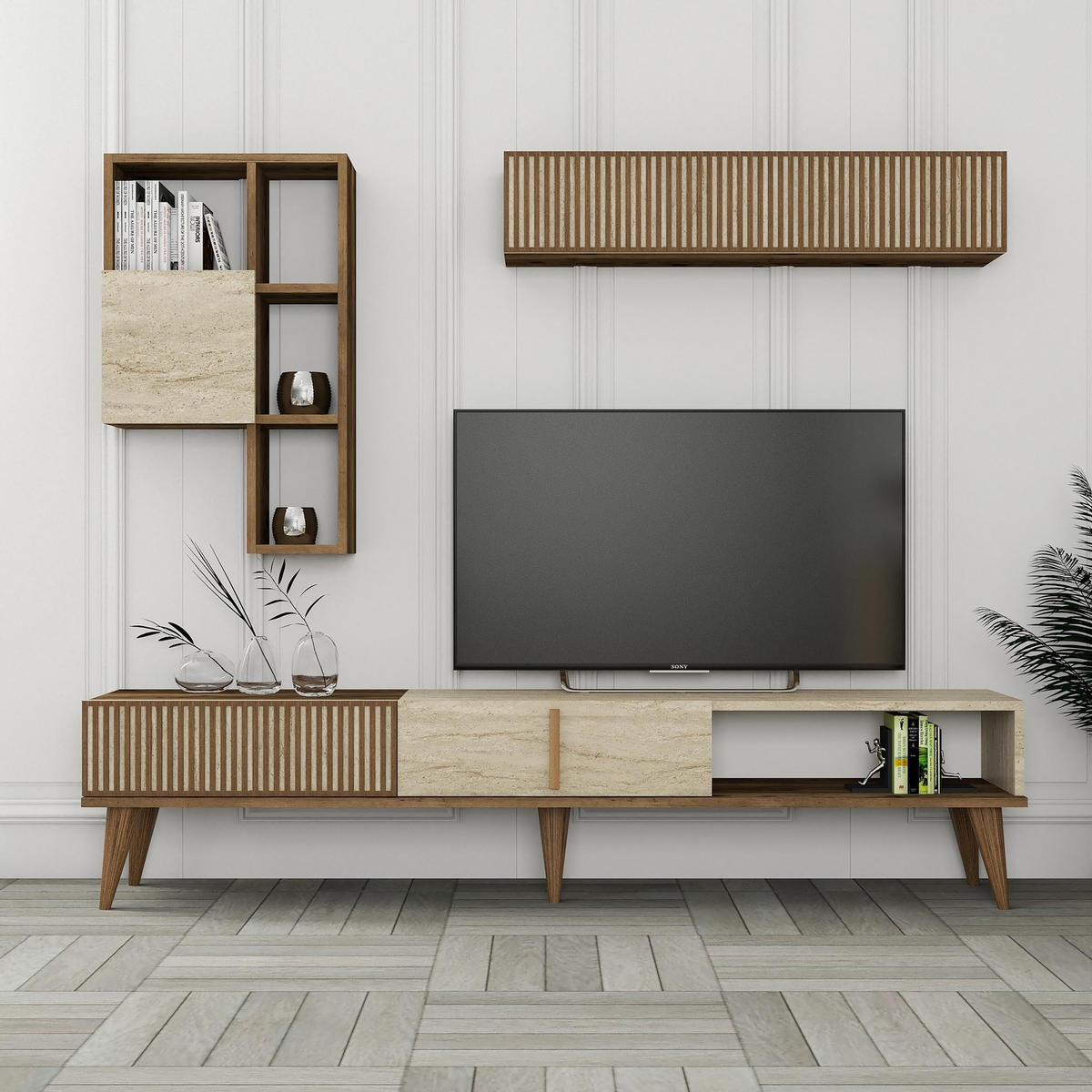 TV-MÖBEL Milan Nussbaum-Travertin - Beige/Nussbaumfarben, Holz (180/40/35cm) - Habitat Garten