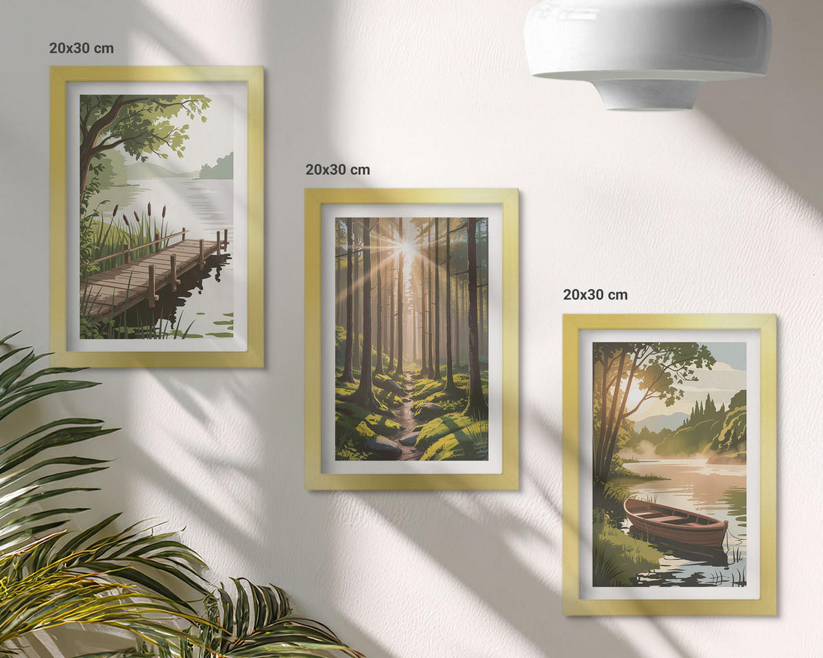 BILDER SET 3er Set - 20x30 cm Goldrahmen - Landschaft aus Wald, See und Boot - Goldfarben, Kunststoff (20/30cm) - TULUP