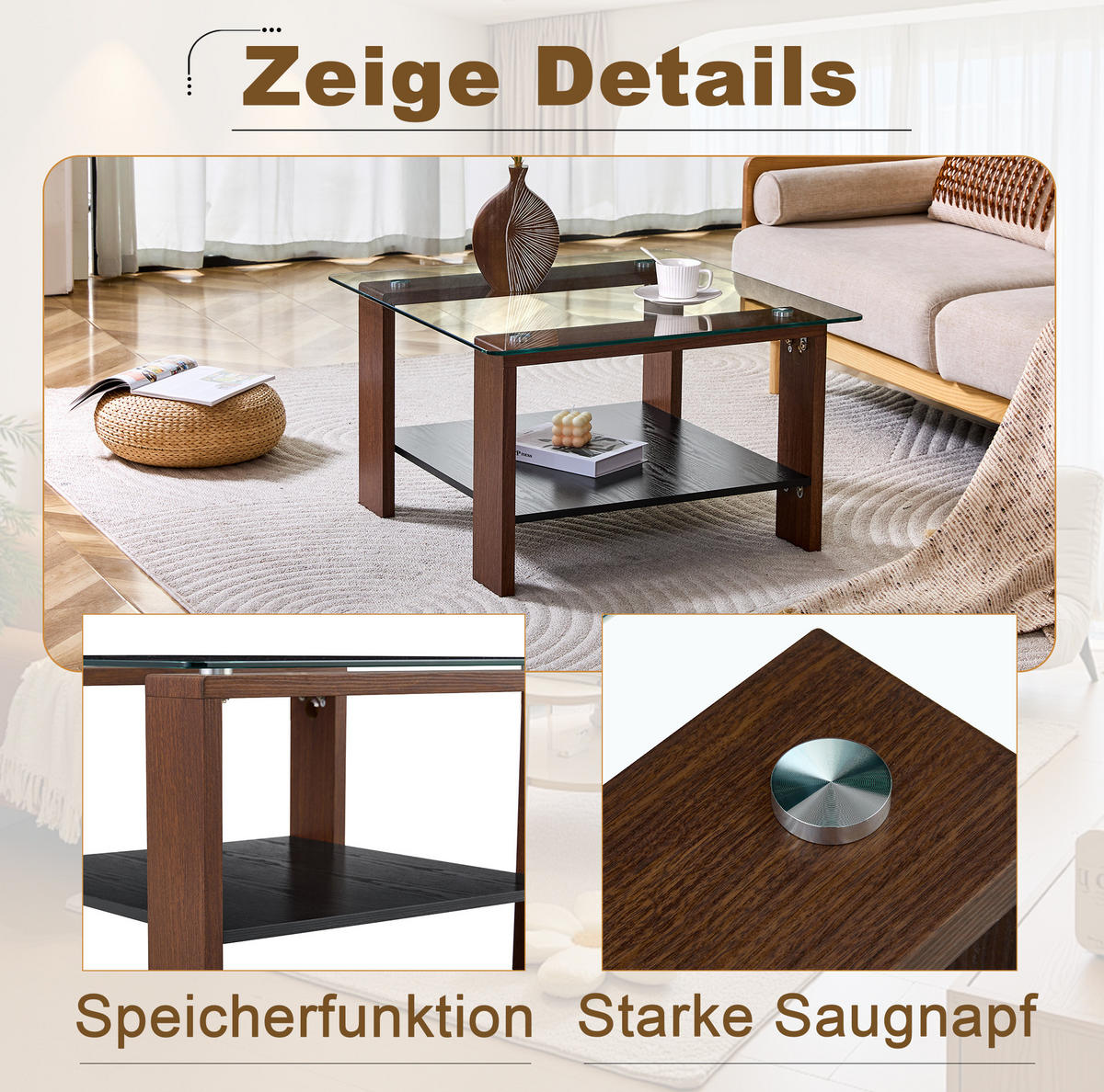 COUCHTISCH 65/41/45.5 cm in Walnuss aus MDF und Glas mit Stauraum - Walnussfarben, Holzwerkstoff (75/75/45.5cm) - OKMYHOME