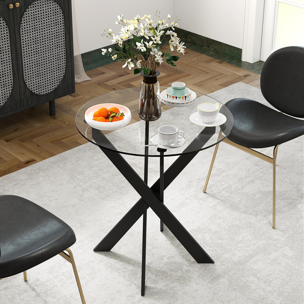ESSTISCH, Rund Küchentisch für 4 Personen Esszimmertisch mit Stahlbeinen Schwarz - Schwarz, Glas/Metall (70/70/75cm) - HOMCOM