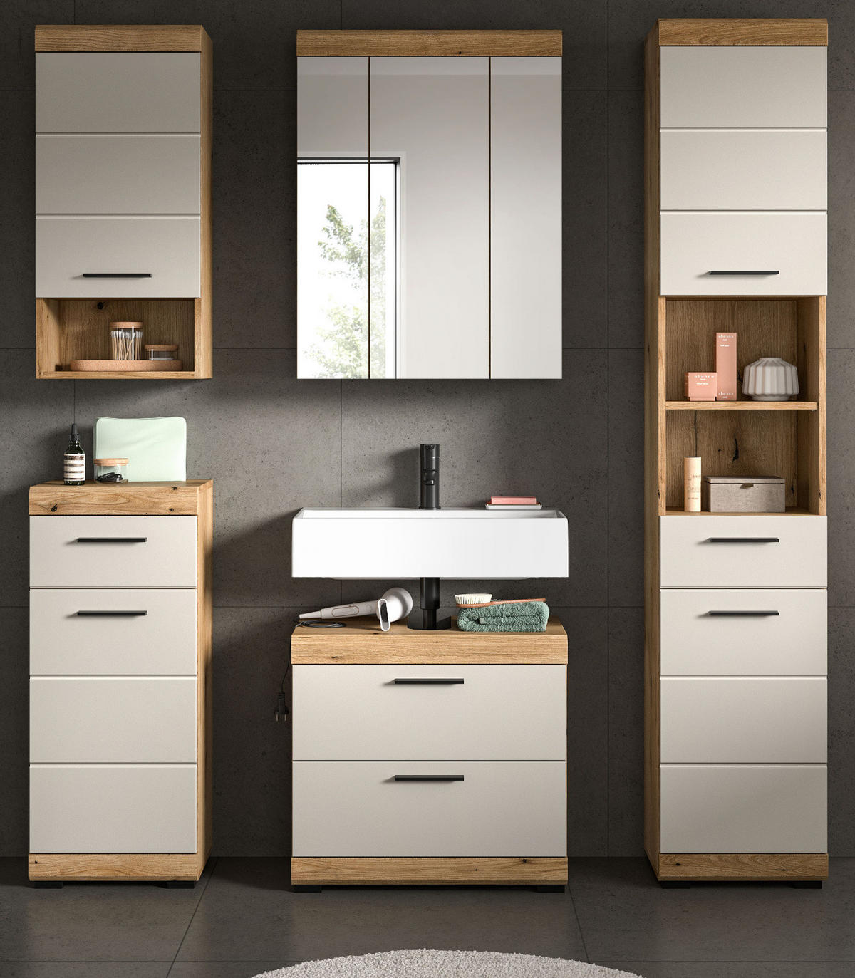 BADMÖBEL-SET Sand Kaschmir, Evoke Eiche, Badkombination 5-teilig 164 cm - Kaschmir/Eichefarben, Glas/Holzwerkstoff (164/191/34cm) - Inn.Furn