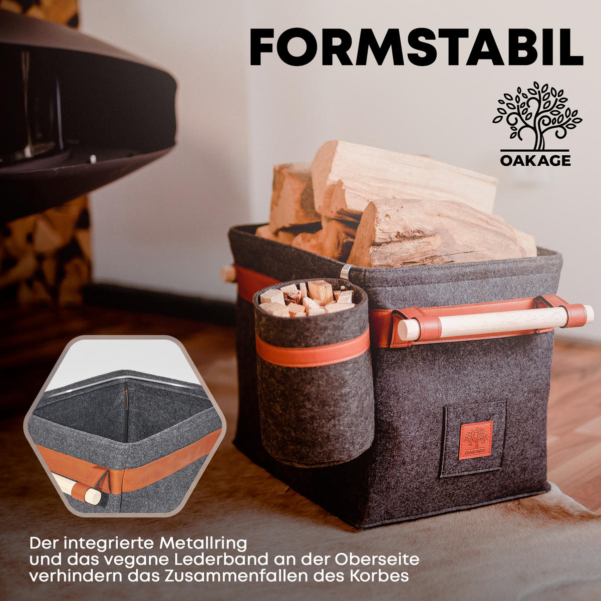 KAMINHOLZKORB Classic Duo 2er-Set Filz mit Metallrahmen für Zusatzstabilität 42/32/35 cm - Dunkelgrau, Textil (32/35/42cm) - OAKAGE