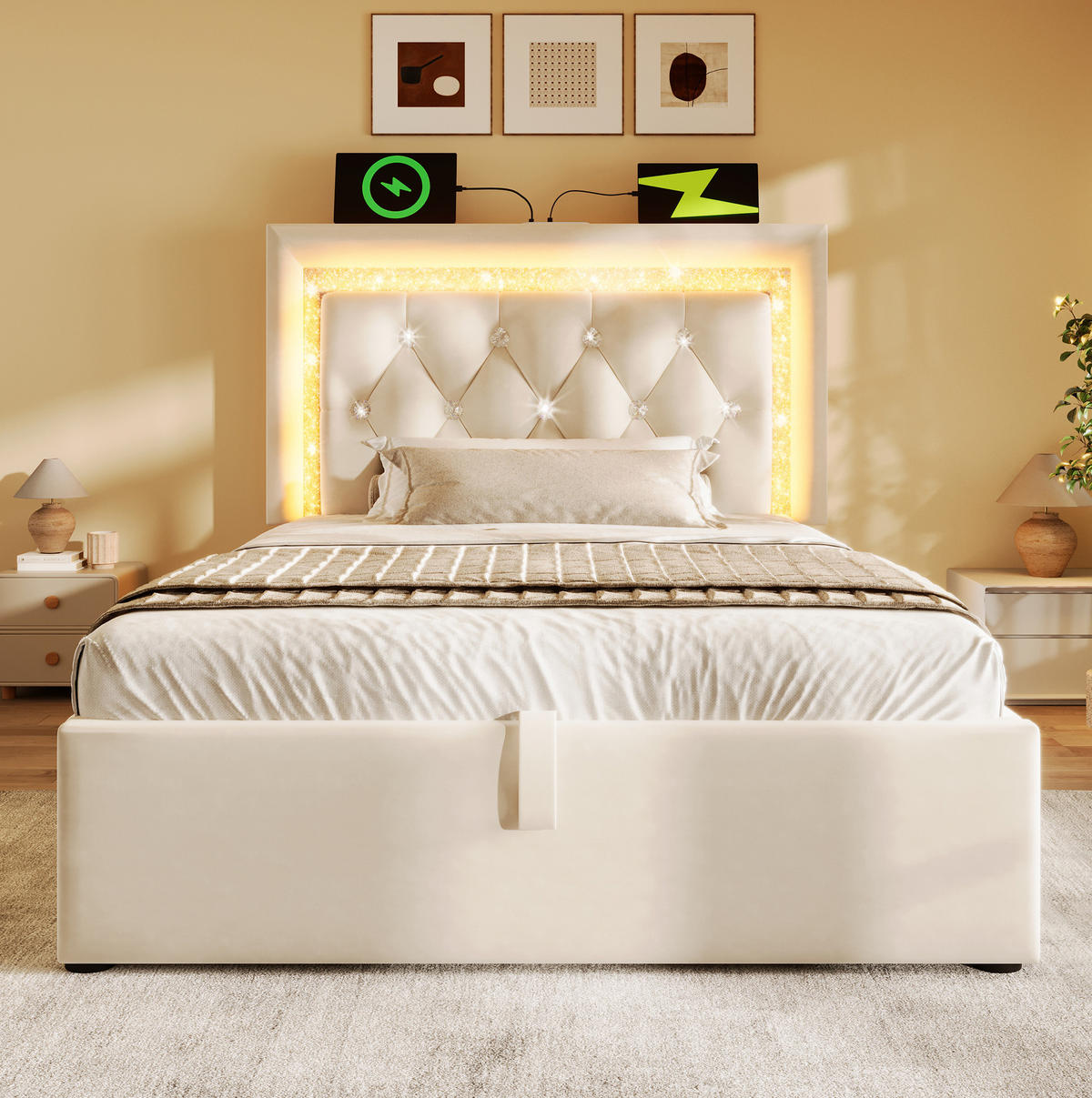 BETT mit LED, USB und Stauraum 90x200 cm Samt Beige - Beige, Metall (90/200cm) - Meubliv