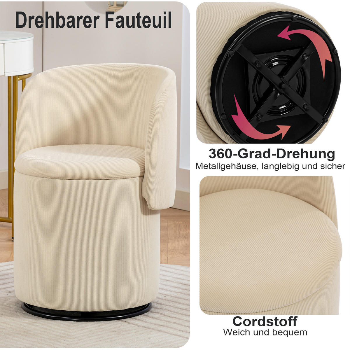 SESSEL Cord Beige drehbar und mit Stauraum - Beige, Holzwerkstoff/Textil (48/75/52cm) - WISHDOR