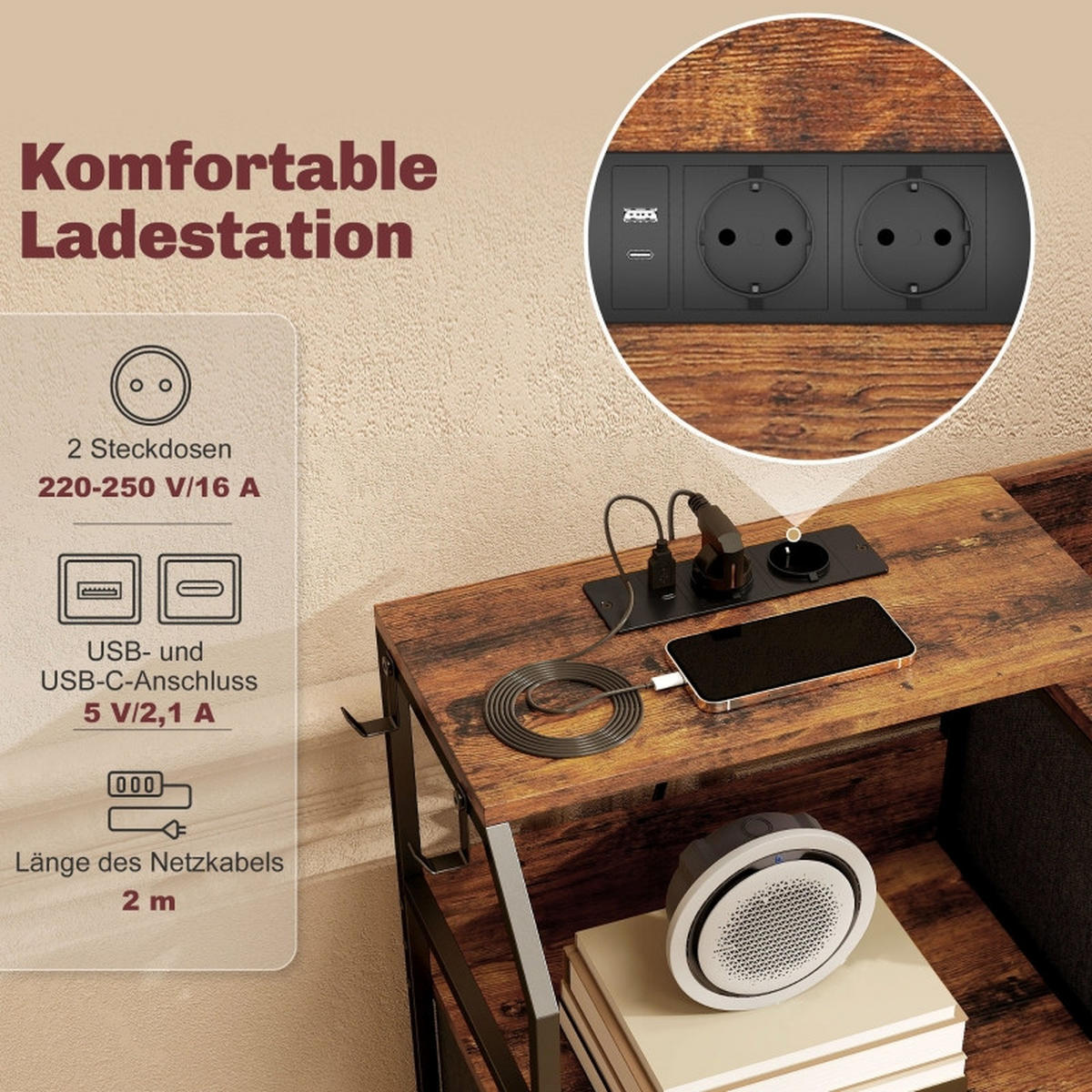 KOMMODE DE-38039 8 Stoffschubladen mit Ladestation Schwarz - Braun, Metall (130.5/88/30cm) - ComfortXL