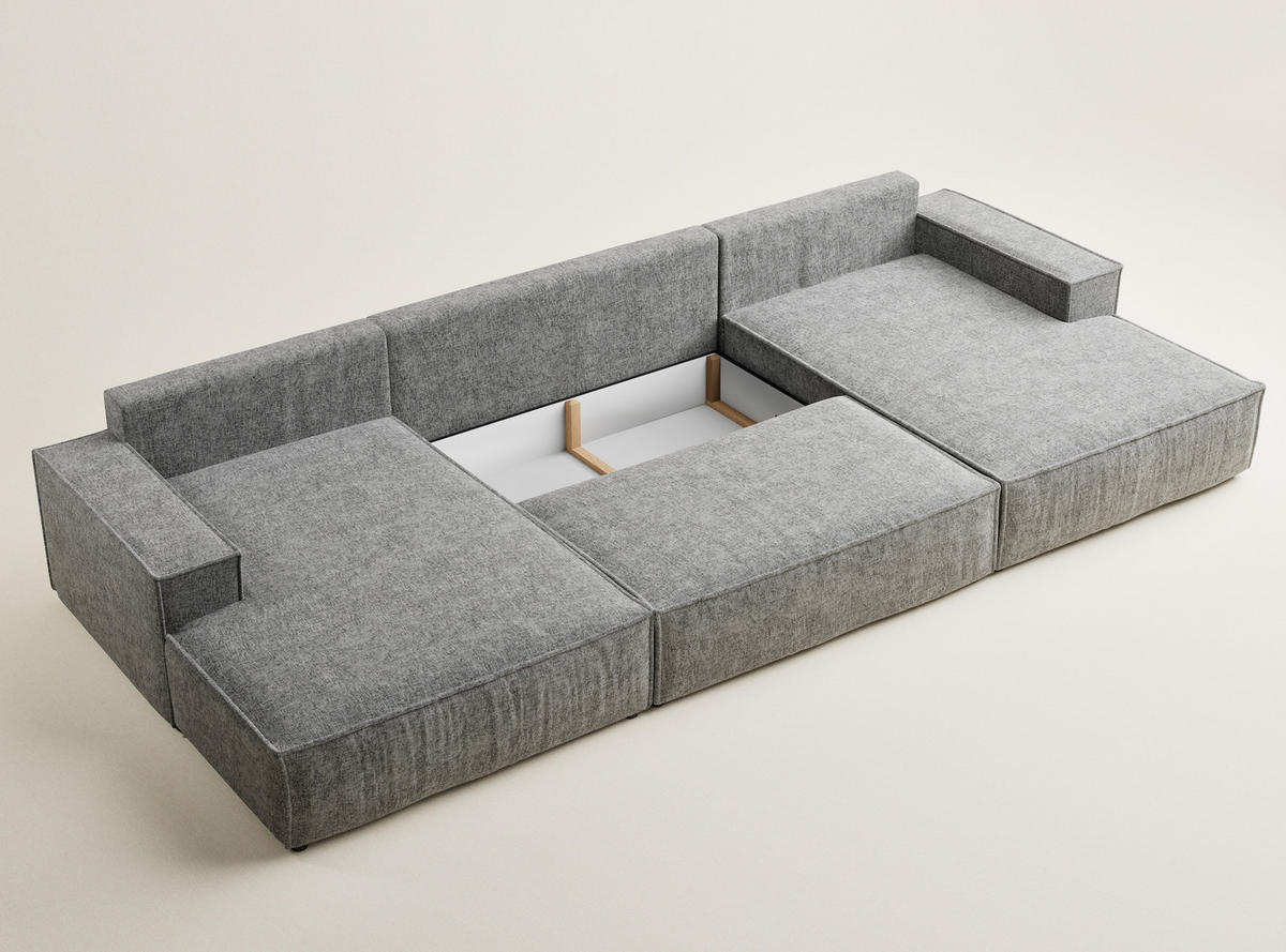 WOHNLANDSCHAFT Kyoto Grau Chenille-Stoff - Schwarz/Grau, Holz/Holzwerkstoff (398/70/148cm) - Maison de Reve