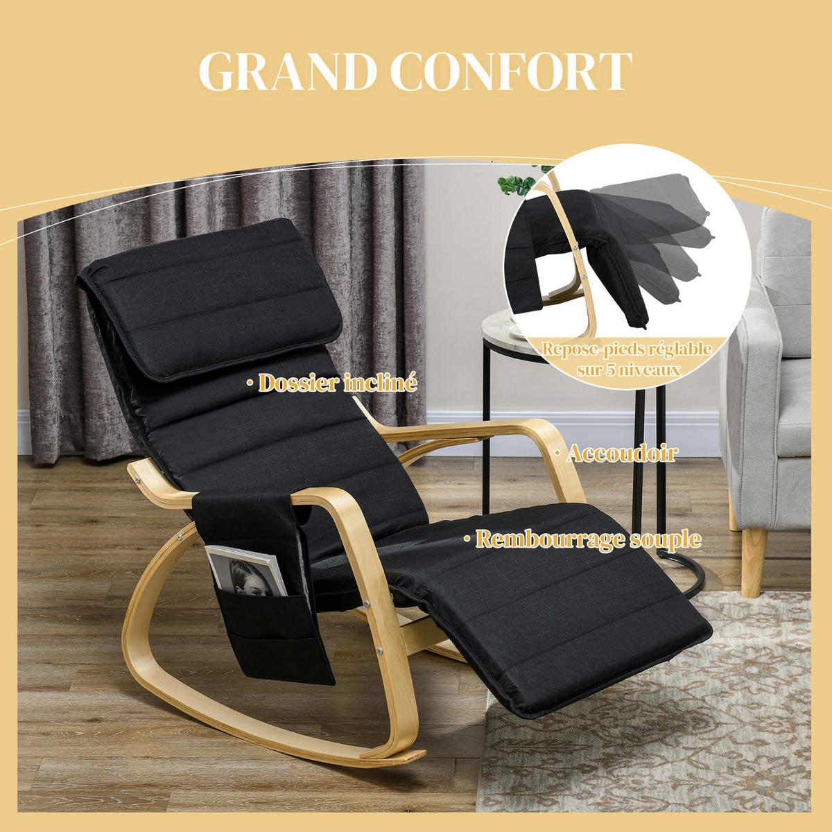 SCHAUKELSTUHL DE-17383 Schwarz - Schwarz, Holz (110/91/67cm) - ComfortXL