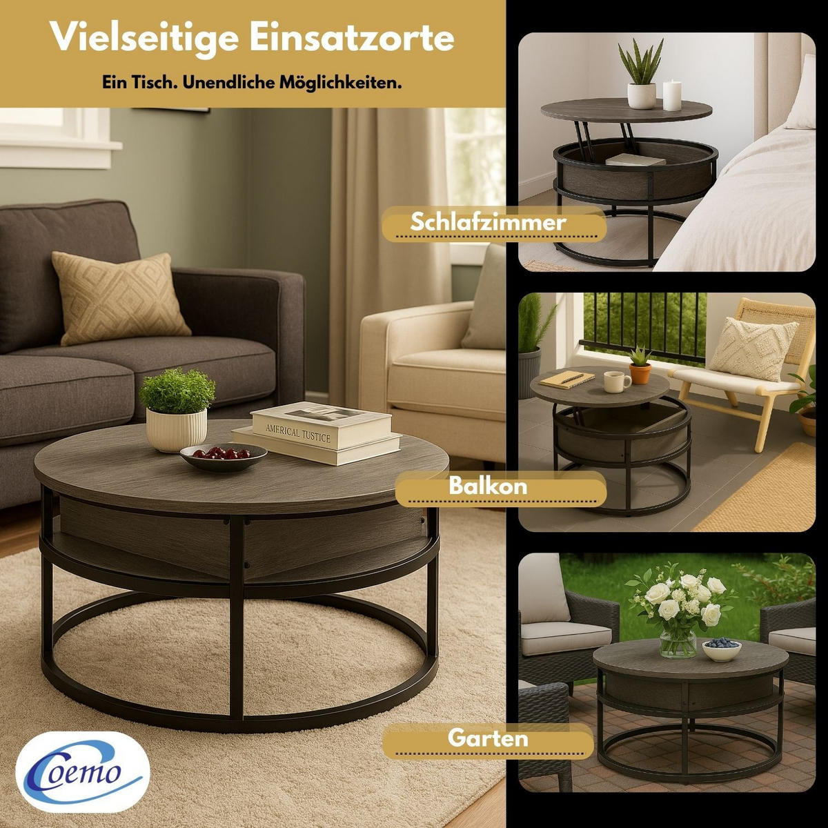 COUCHTISCH SWING Grau verstellbare Tischplatte Aufbewahrungsfach - Grau, Metall (80/80/47cm) - Coemo