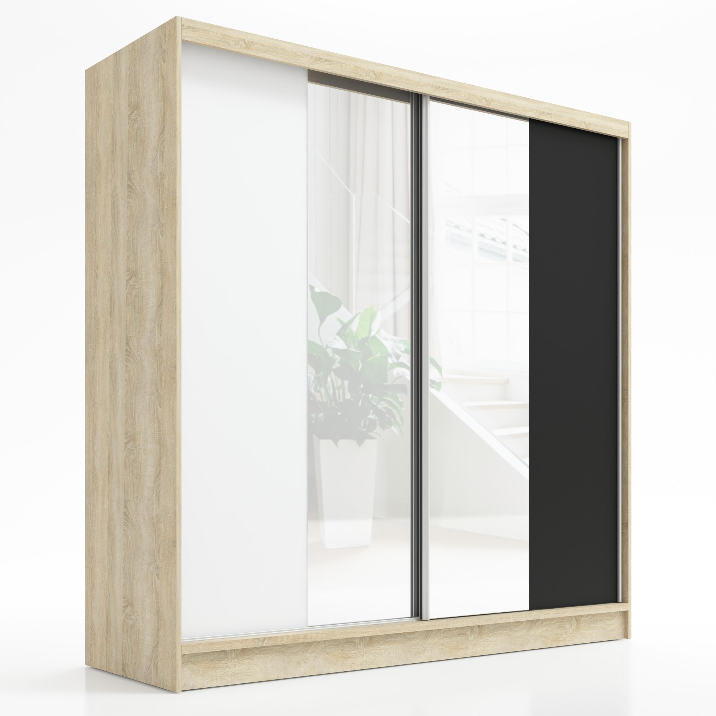 A&J MöbelLand Schwebetürenschrank Braun, Weiß, Schwarz 200x215x60 cm