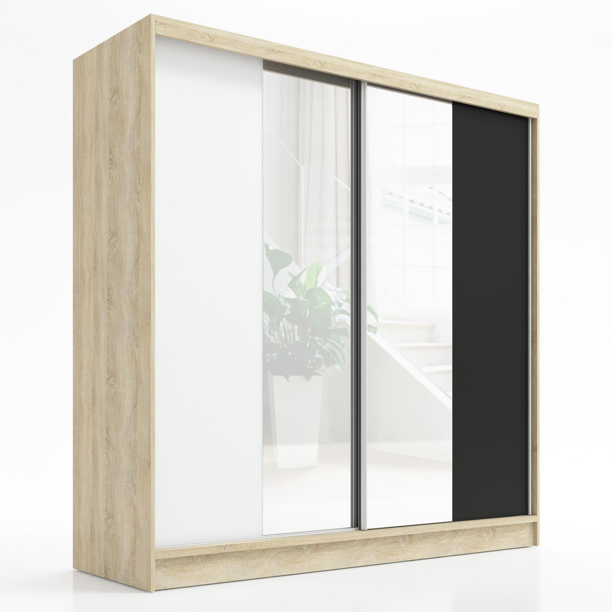 SCHWEBETÜRENSCHRANK 200 CM DUO Farbe: Sonoma | sonoma | schwarz - Schwarz/Braun, Holzwerkstoff (200/215/60cm) - A&J MöbelLand