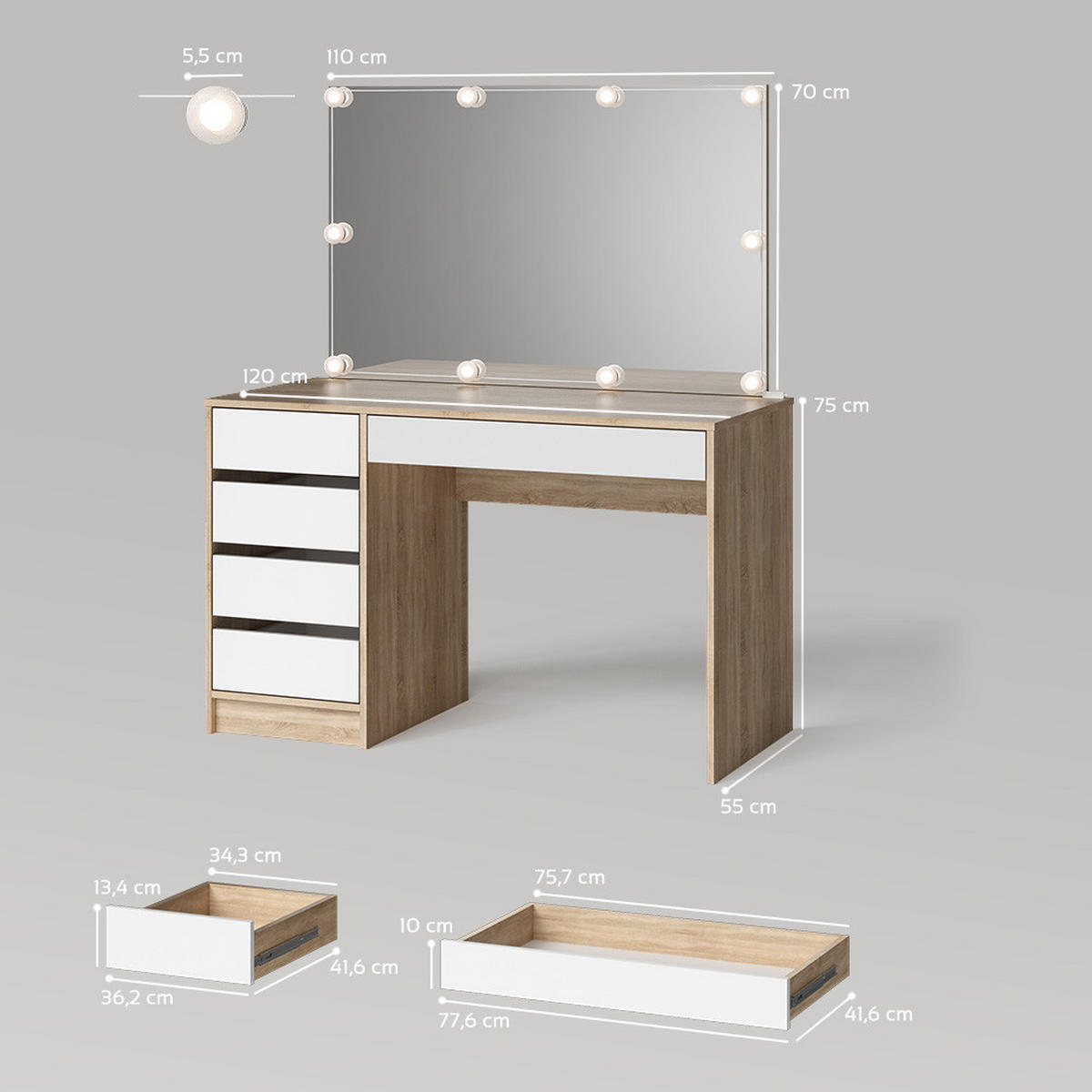 SCHMINKTISCH Imola Weiß/Sonoma 120 cm mit LED Beleuchtung - Weiß/Sonoma Eiche, Holzwerkstoff (120/75/55cm) - Livinity®