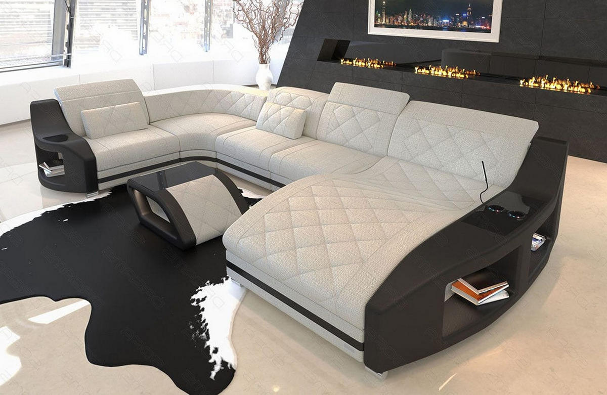 WOHNLANDSCHAFT Stoff Sofa Swing U Form Elfenbein Schwarz Strukturstoff - Creme, Kunststoff (404/90/220cm)