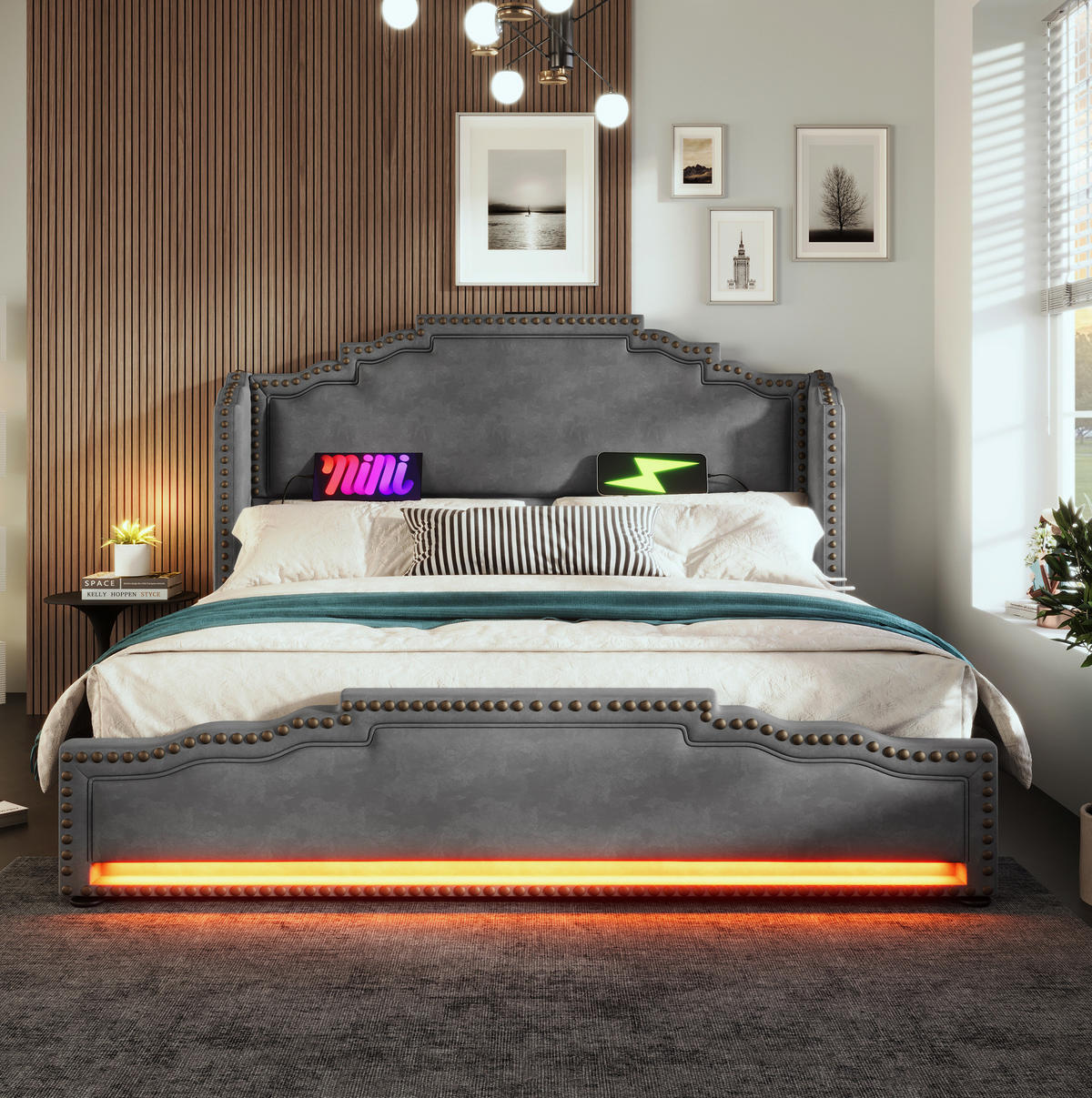 BETT mit Matratze, 4 Schubladen, LED & USB-C 140x200 cm Samt Grau - Grau, Metall (140/200cm) - Meubliv