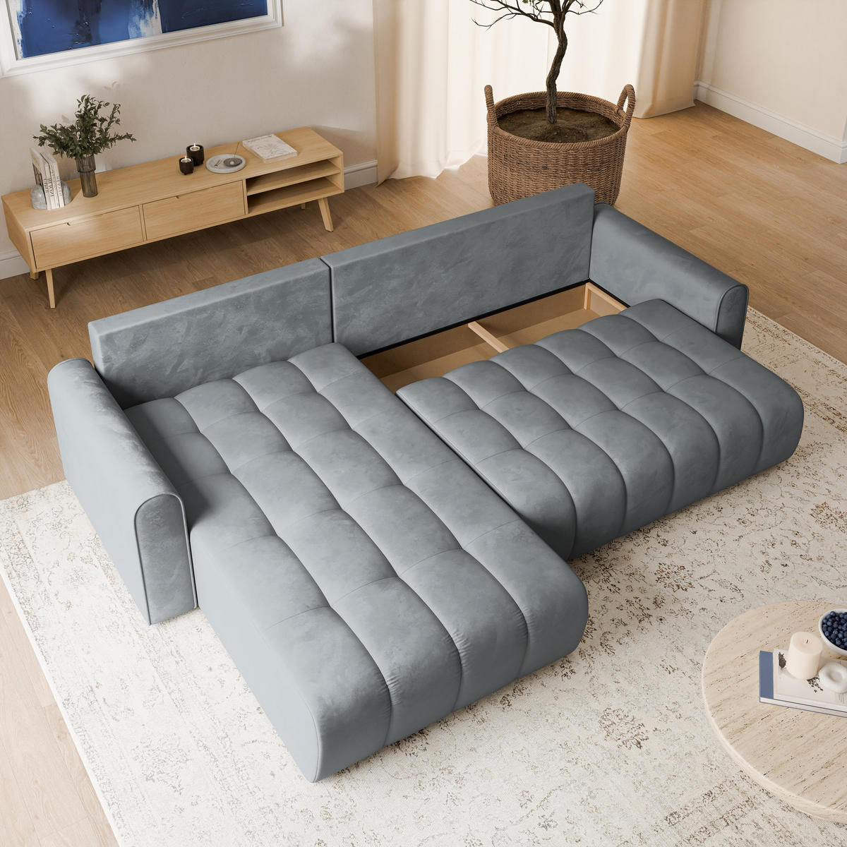 ECKSOFA FRIGA Grau Velours-Stoff mit Schlaffunktion - Grau, Holz (283/185cm) - MASSENO