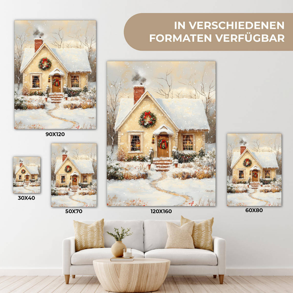 LEINWANDBILD Weihnachten - Zuhause - Winter - Schnee 30x40 cm - Creme, Textil (30/40cm) - MuchoWow