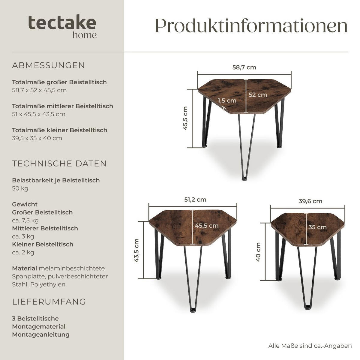BEISTELLTISCH-SET Torquay,stapelbar,Industrial Holz dunkel, rustikal - Rostfarben, Holzwerkstoff (58.7/52/45.5cm) - tectake