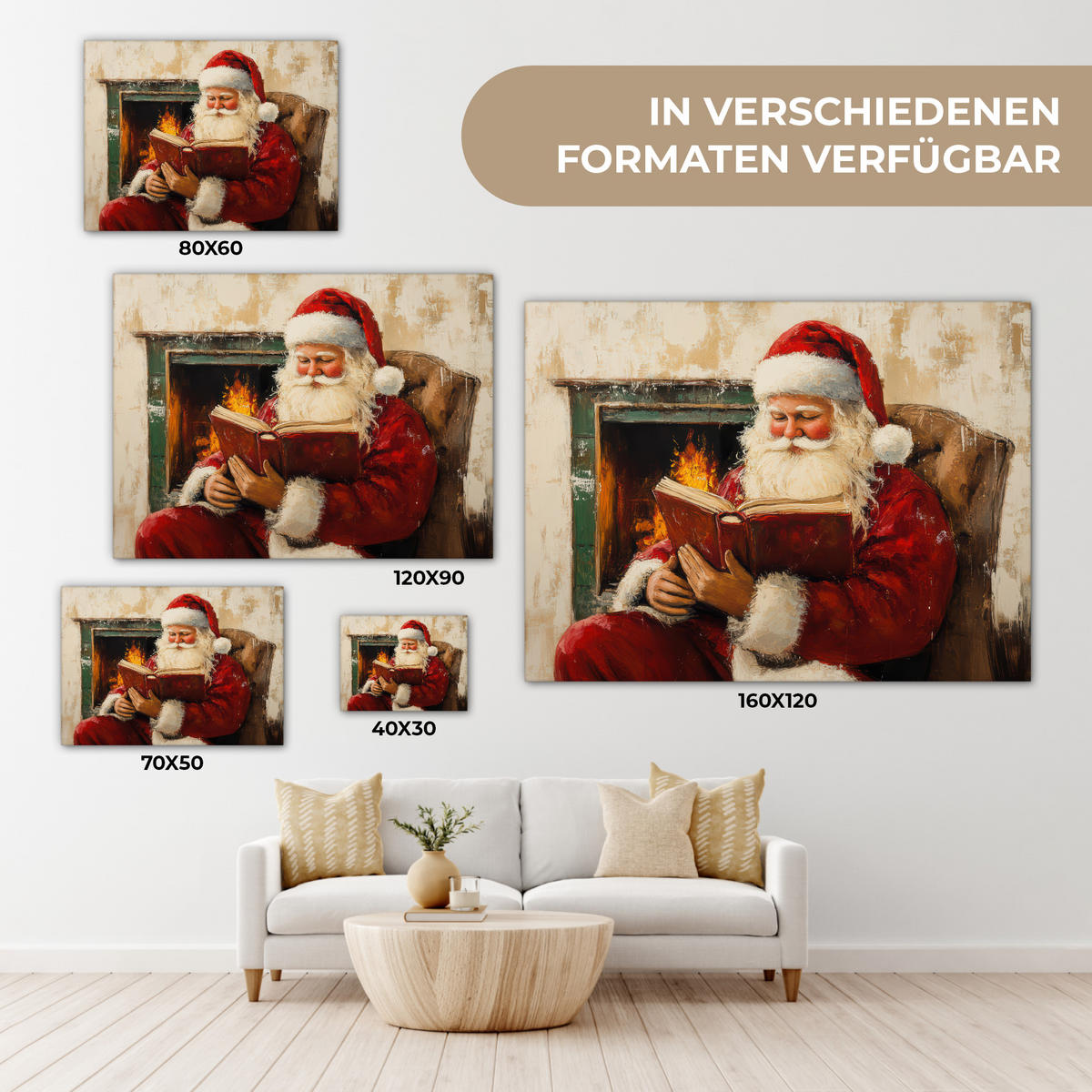 LEINWANDBILD Weihnachten - Weihnachtsmann - Winter - Open Fireside Wandbilder 80x60 cm - Dunkelrot, Textil (80/60cm) - MuchoWow