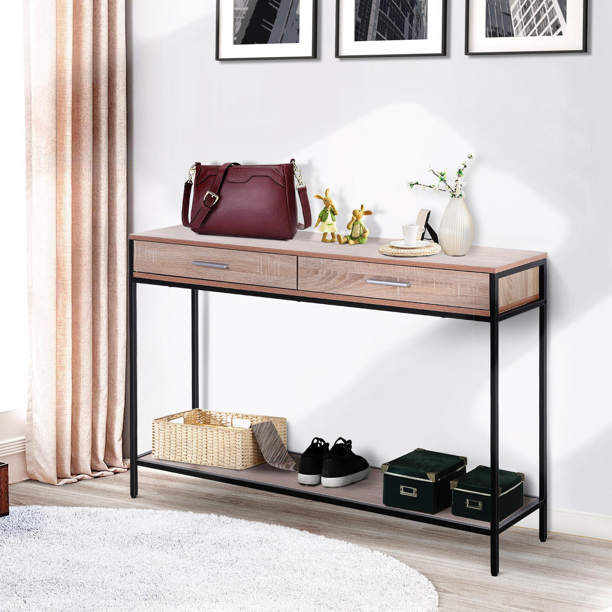 KONSOLENTISCH Eiche und Schwarz Metall Spanplatte 1 Stück - Beige, Metall (120/30/81.5cm) - GiPP