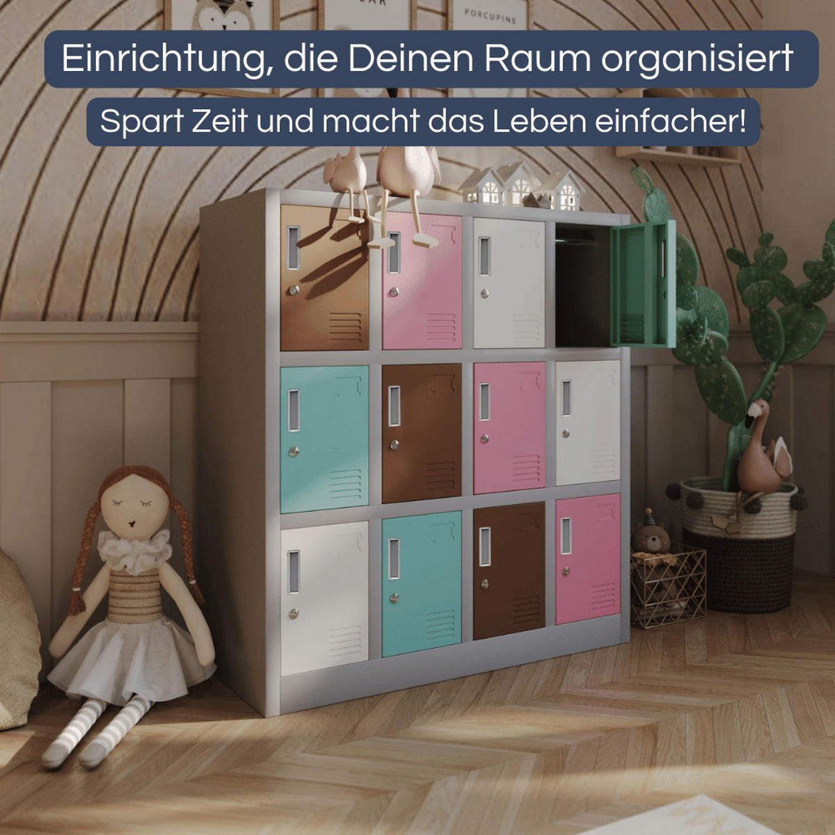 SCHLIESSFACHSCHRANK Spind Kindergarten ANNA 12 Fächer 120x109x45cm Pastellfarben - Pastellblau, Metall (109/120/45cm) - DELUKE