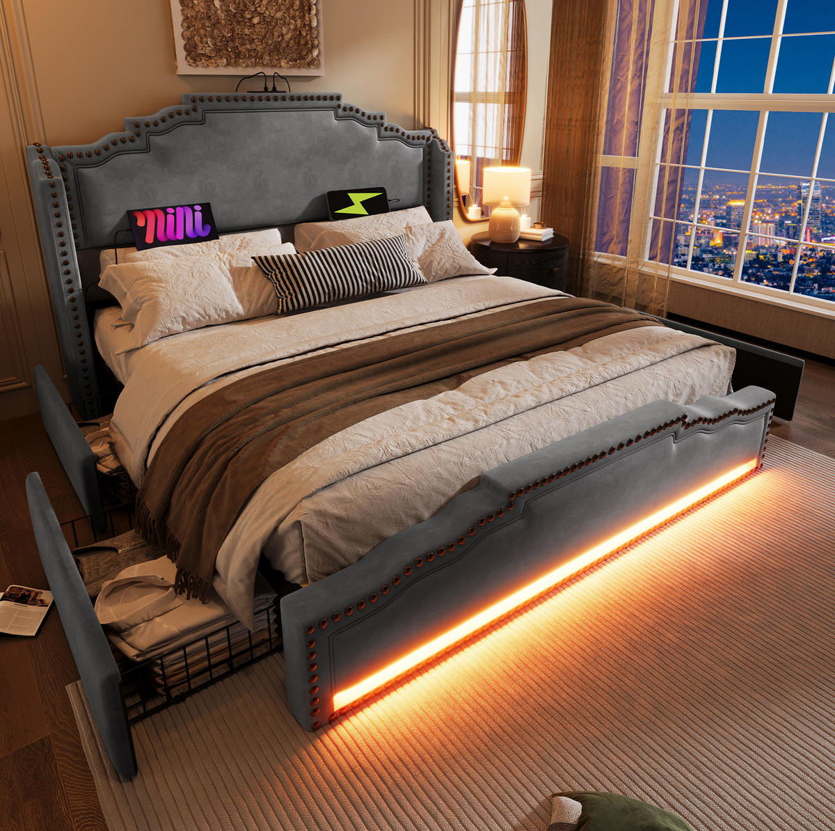 ČALÚNENÁ posteľ 189/214/120 cm sivá, zamatová, s LED osvetlením, USB-C a úložnými zásuvkami - sivá, textil (180/200cm) - BEAOK