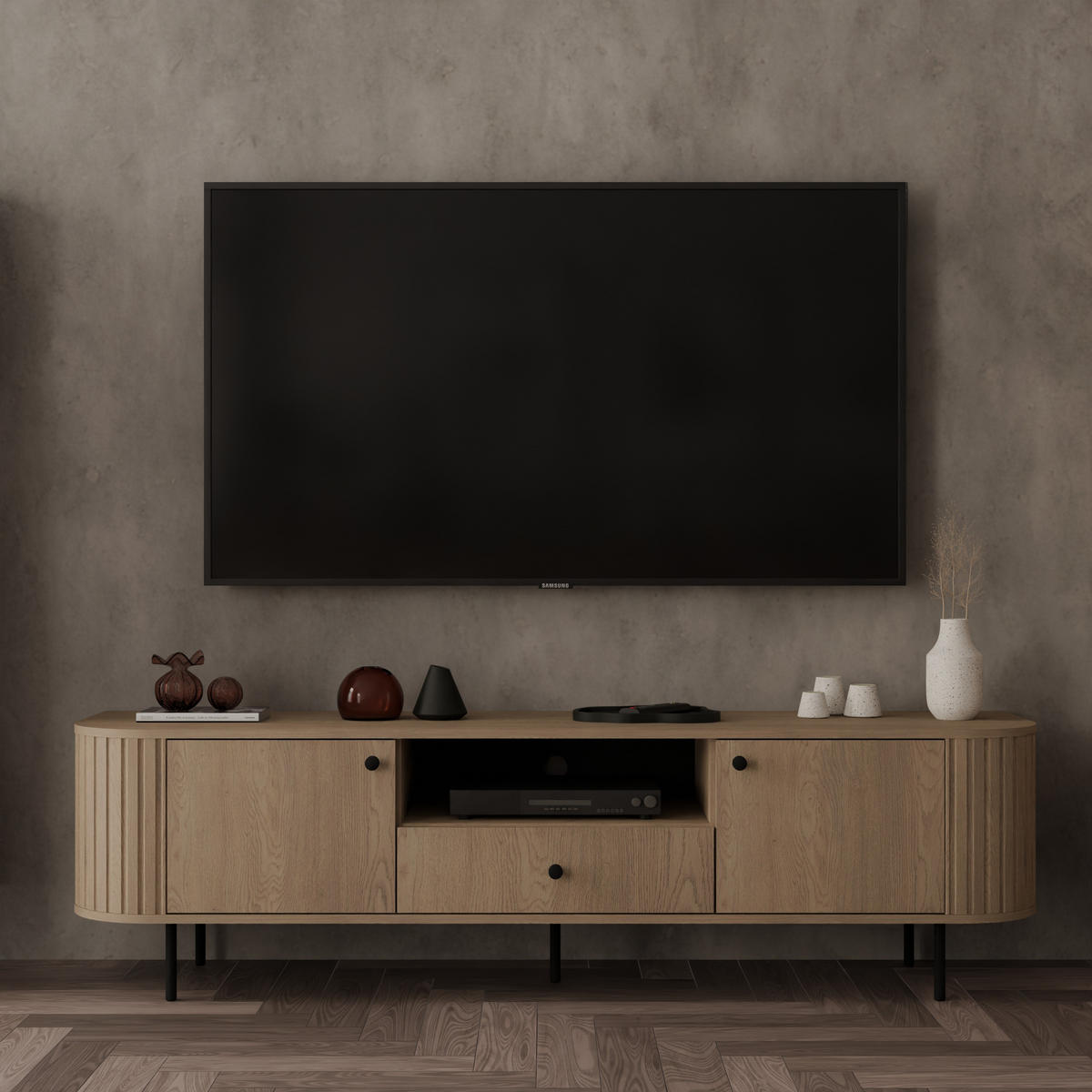 TV-SCHRANK Olivia 180 cm, mit 2 Türen, Schublade, geriffeltem Design, eiche sonoma, schwarzfarbenen Metallfüßen - Sonoma Eiche, Metall (180/50/43cm) - Margaret Hadas24