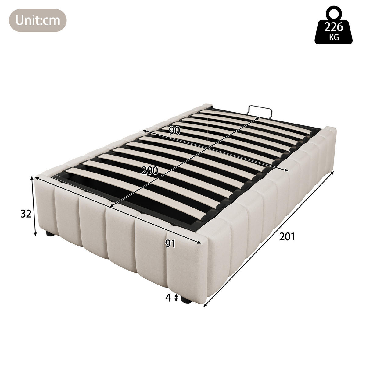 POLSTERBETT aus Leinen 90x200 cm Beige mit hydraulischem Bettkasten und kopfteillosem Design - Beige, Textil (90/200cm) - Modfu