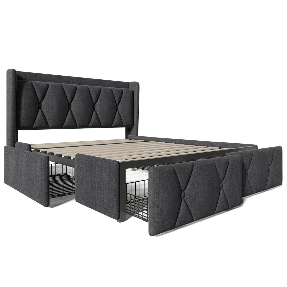 POLSTERBETT 140/200 cm mit 4 Schubladen & Kopfteil mit 2 Steckdosen + 2 USB, Leinen Grau - Grau, Textil (140/200cm) - Redom