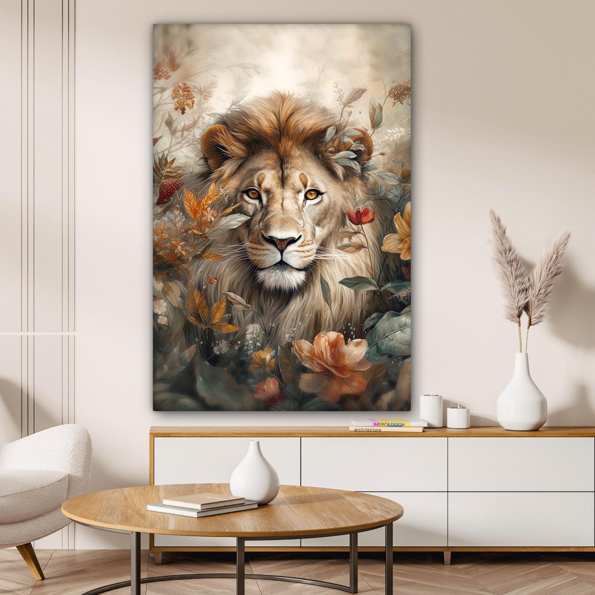 LEINWANDBILD Löwe - Wildtiere - Pflanzen - Natur - Blumen Deko XXL 80x120 cm - Beige, Textil (80/120cm) - MuchoWow