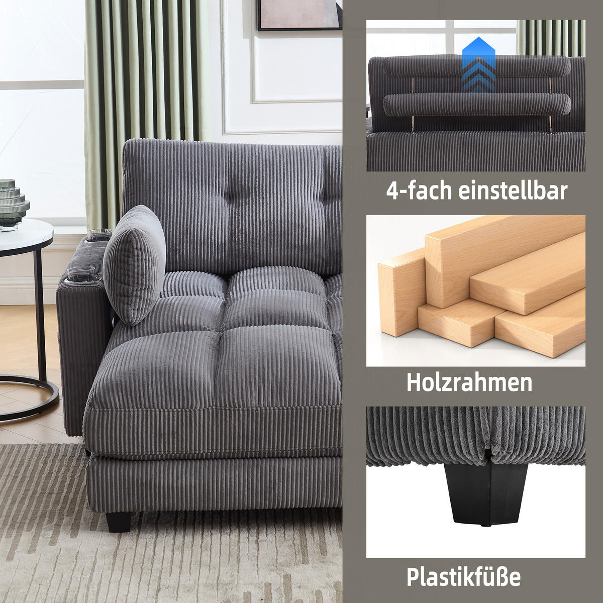 RÉCAMIERE 2-Sitzer Cord Grau mit USB, Getränkehaltern und Seitentasche - Grau, Holzwerkstoff/Kunststoff (140/81/121cm) - WISHDOR