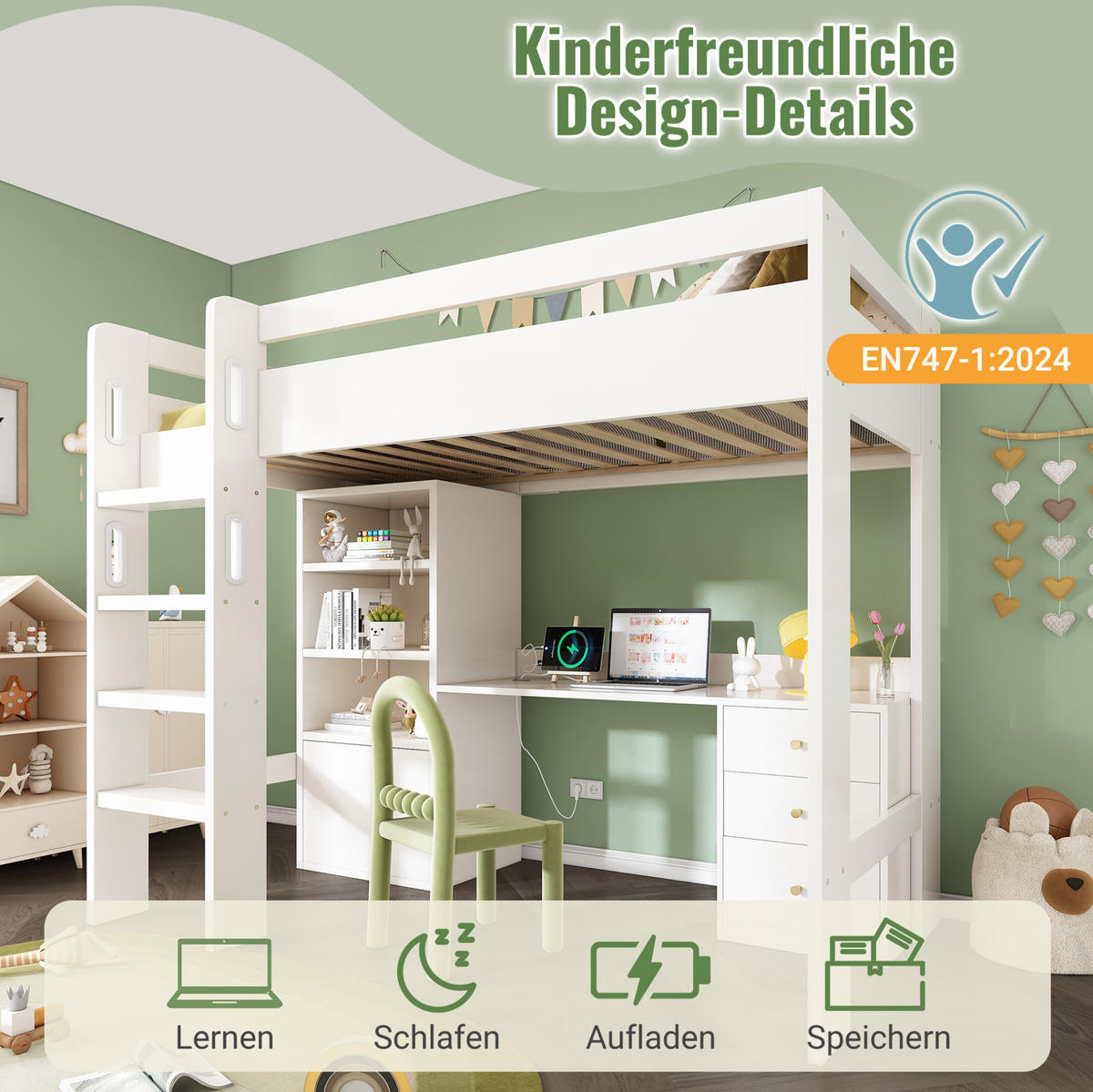 HOCHBETT 90/200 cm Weiß aus MDF, Spanplatte und Massivholz mit Schreibtisch und Stauraum - Weiß, Holzwerkstoff (90/200cm) - OKMYHOME