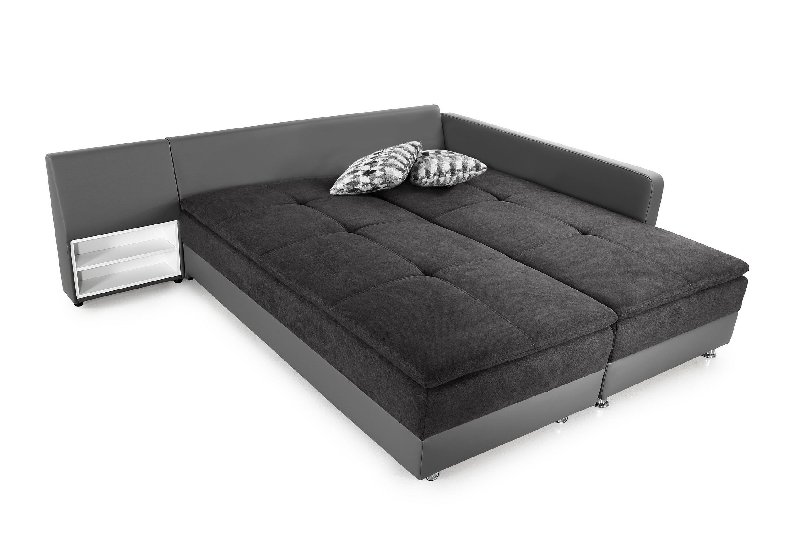 ECKSOFA-DAUERSCHLÄFER Doppelbett Boxspring Federkern Topper, Schwenkteil links B306/T223/H95 cm, Kunstleder Grau+Mikrofaser Anthrazit / 15105 - Chromfarben/Anthrazit, Textil/Metall (306/223cm) - luma-home