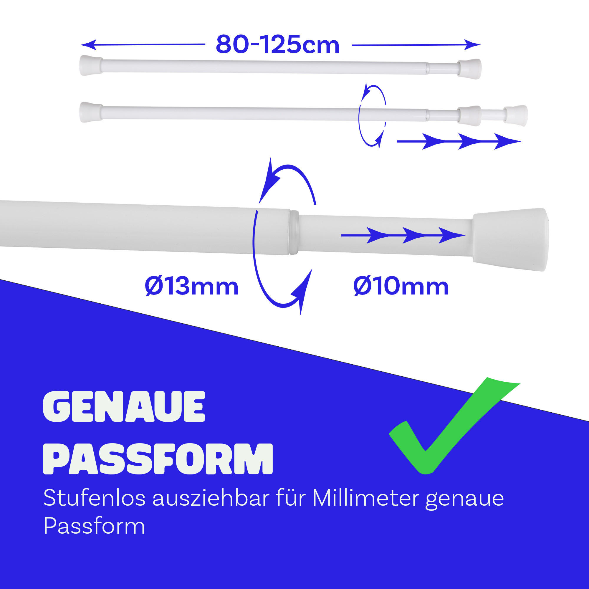 VERSTELLBARE Vorhangstange - Spannstange zum Klemmen Weiß Ø10/13 mm 80-125 cm - Weiß, Metall (80cm) - Bestlivings