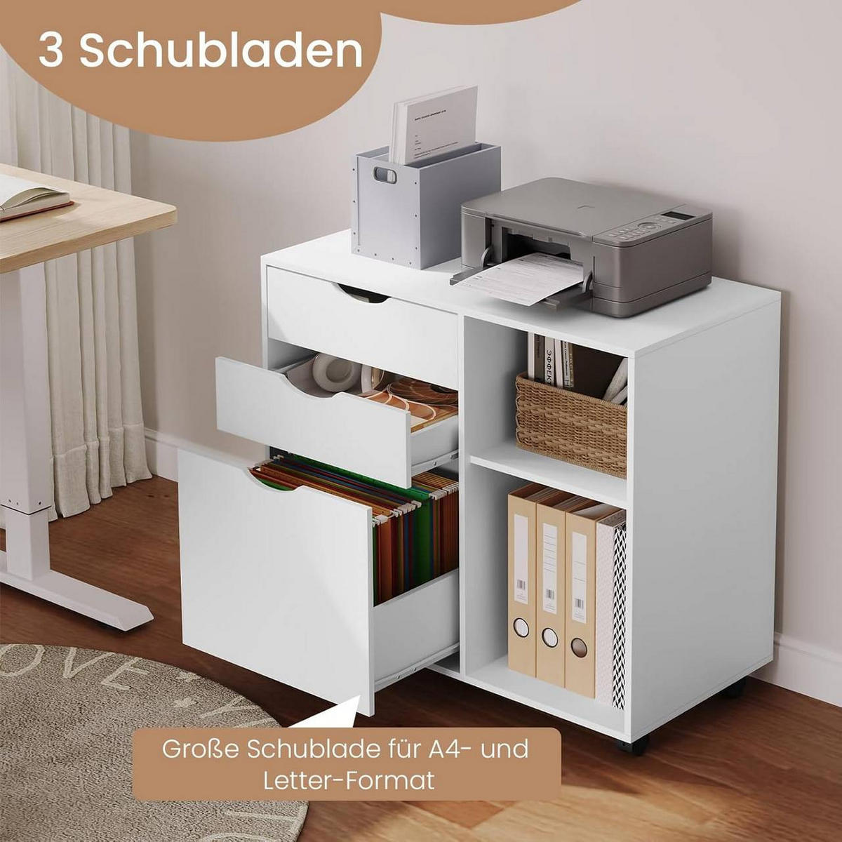 ROLLCONTAINER mit 3 Schubladen,5 Rollen, Weiß - Schwarz/Weiß, Holzwerkstoff (80/69.5/39.5cm) - Woltu