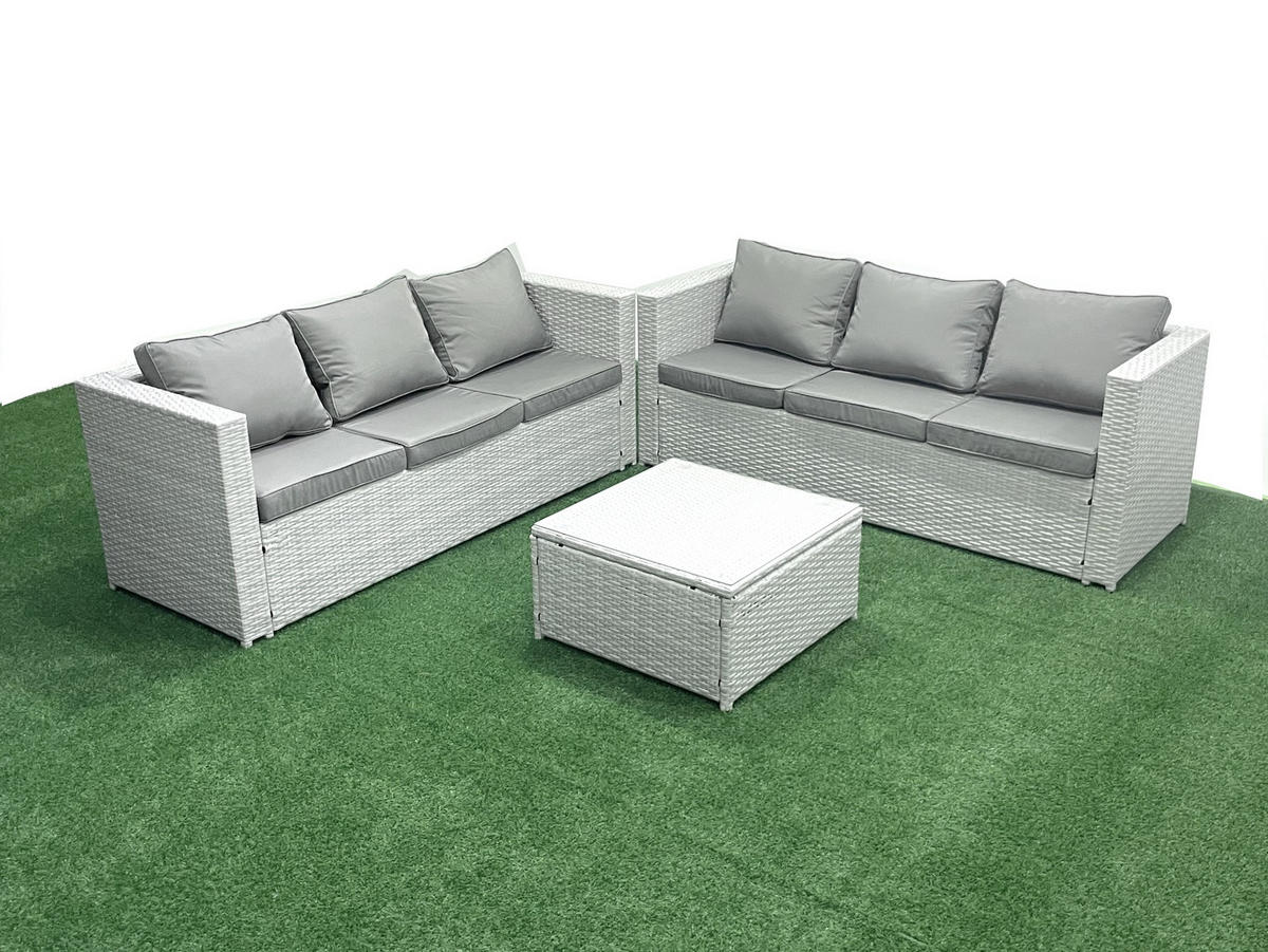 GARTENMÖBEL-SET mit Kissen Polyrattan Hellgrau-Mix 6-Sitzer - Hellgrau/Grau, Glas/Kunststoff - Fimous