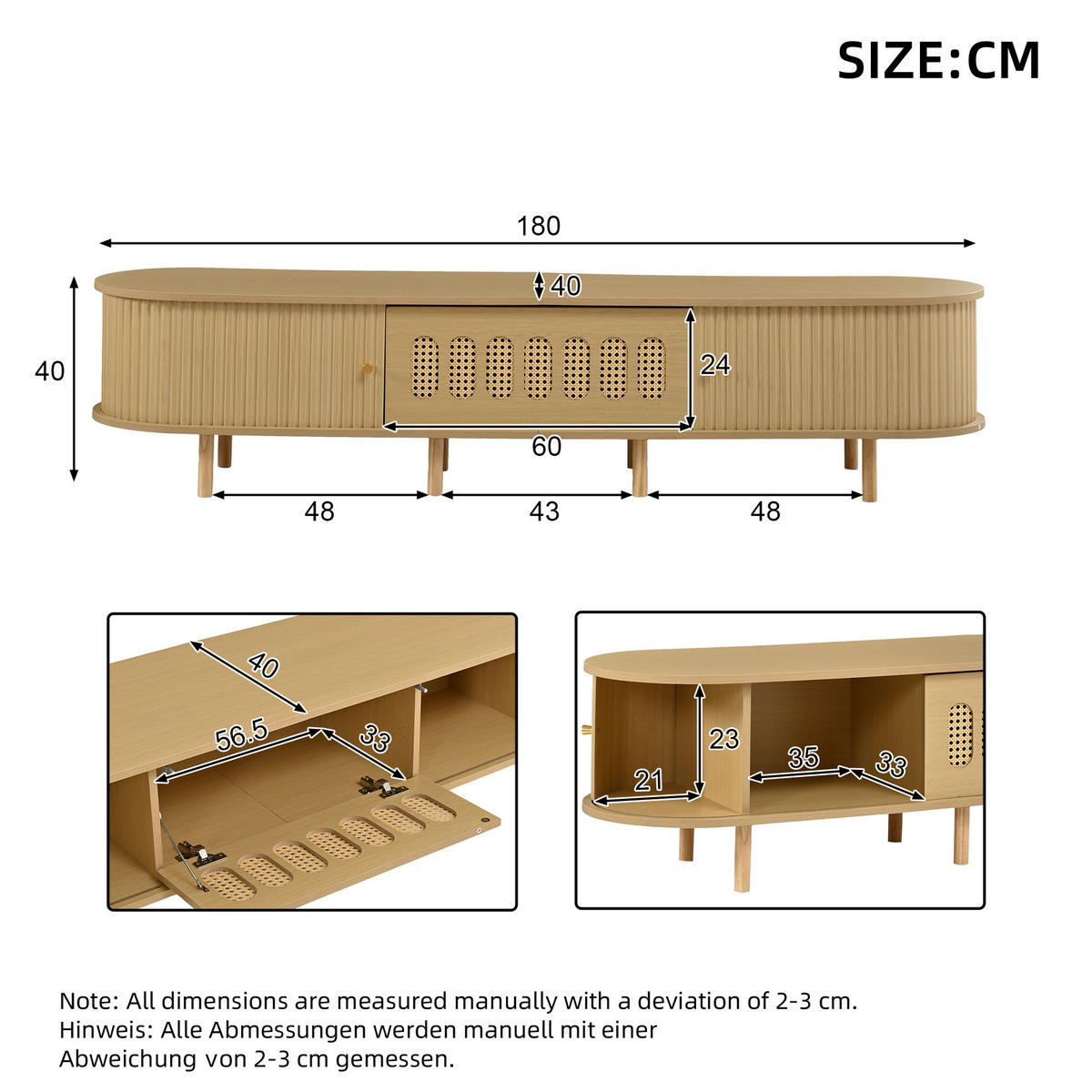 LOWBOARD DE-40410 Klapptür mit Rattan-Design und Rolltüren Helle Holzfarbe - Naturfarben, Holzwerkstoff (180/40/40cm) - ComfortXL
