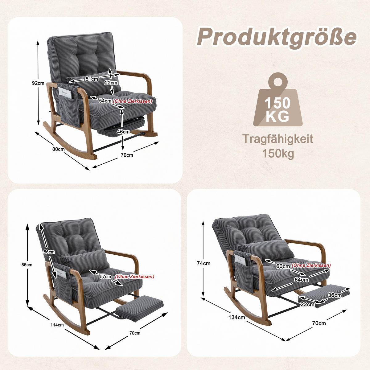 SCHAUKELSTUHL Relaxsessel mit Fußstütze,verstellbarer Rückenlehne,Cord,Grau - Grau, Textil (70/92/80cm) - LVHOM