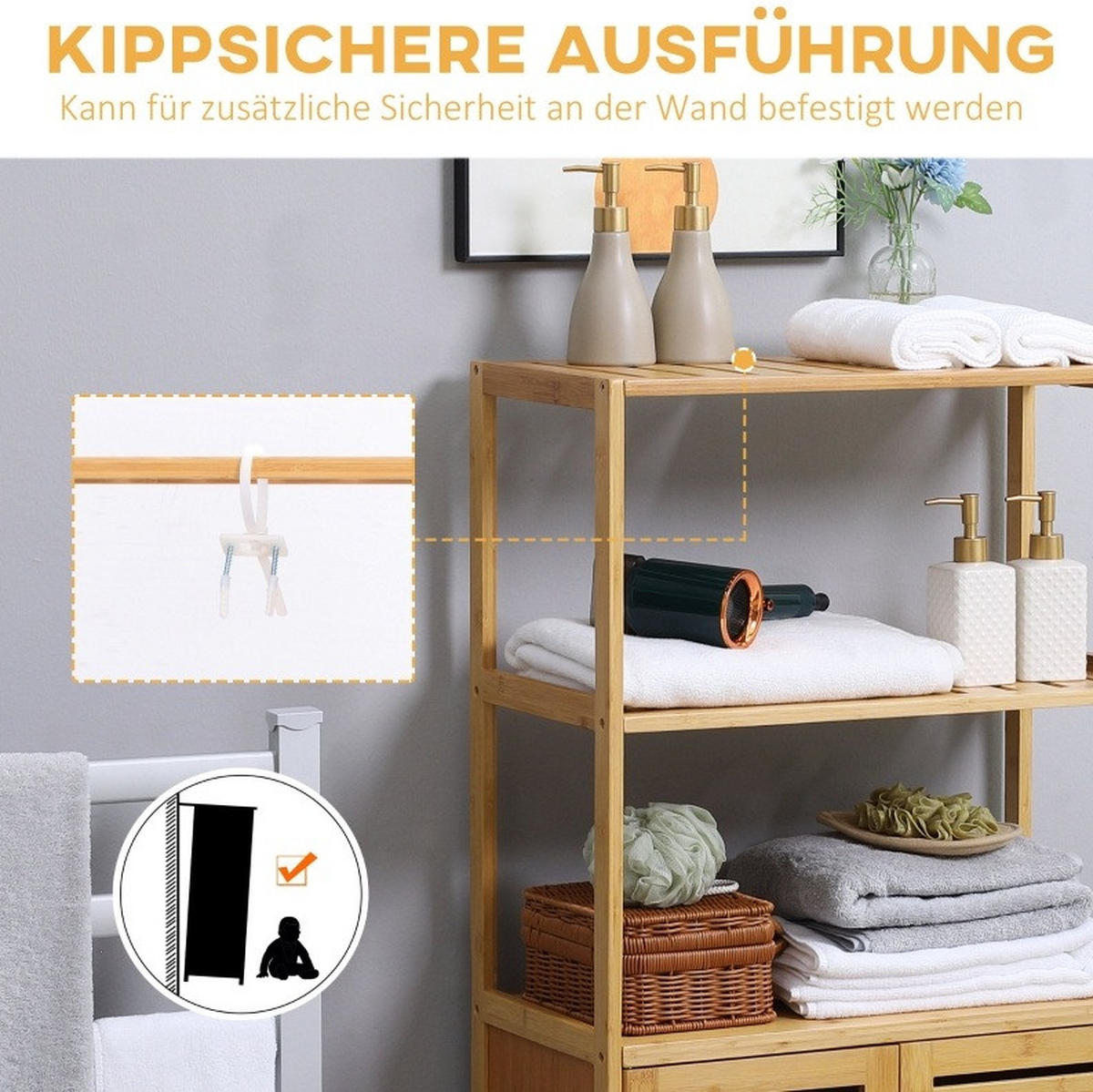 BEISTELLSCHRANK 60x30x120 cm Natur aus Bambus mit lamellierter Tür & Kippschutz - Naturfarben, Naturmaterialen (60/120/30cm) - Modfu