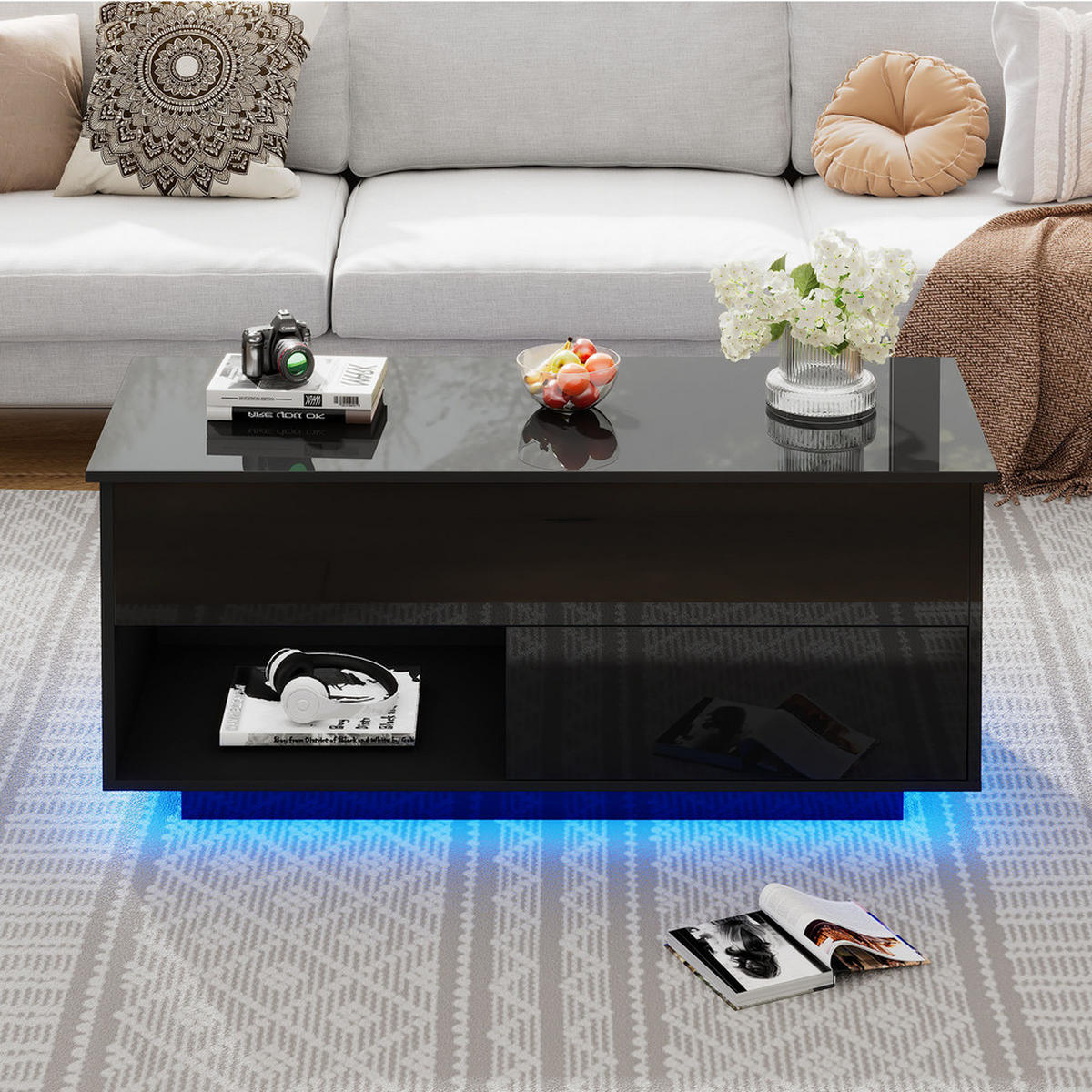 COUCHTISCH 100x50cm Schwarz Hochglanz LED Hydraulik Lift Mehrstufiger Raum - Schwarz, Holz (65.41/62.23/14.61cm) - FLIEKS