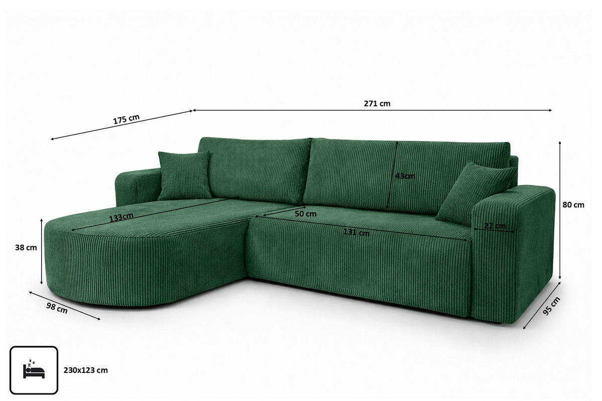 ROHOVÁ SEDAČKA s funkcí spaní, manšestrová tkanina Poso, Zelená, Levá strana, ROUND ONE XL - zelená barva, dřevo (271/175cm) - Kaiser Möbel
