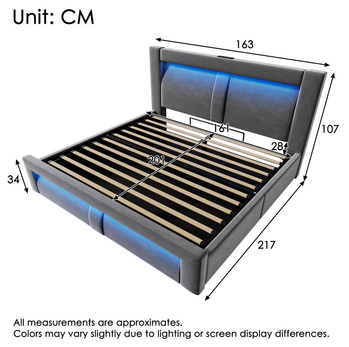 POLSTERBETT 160/200 cm Grau aus Samt mit Stauraum LED und USB/Typ-C mit Matratze - Grau, Textil (160/200cm) - OKWISH
