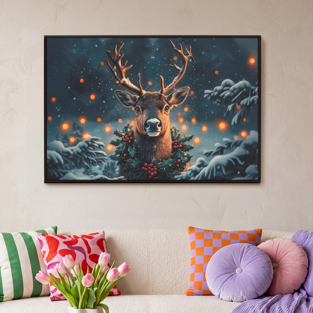LEINWAND Bilder mit Rahmen - Hirsch - Weihnachten - Winter - Schnee - Weihnachtskranz - 90x60 - Dunkelbraun, Textil (90/60cm) - MuchoWow